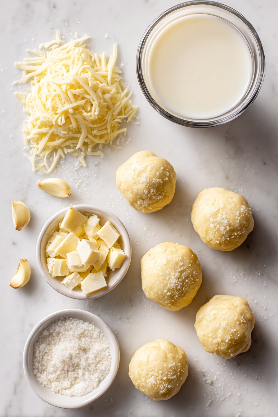 Cheesy Garlic Butter Pull Apart Rolls, cheesy garlic bread rolls, soft pull apart dinner rolls, cheesy garlic appetizer, gooey mozzarella rolls - Flat lay of soft dough balls with a smooth texture, shredded mozzarella cheese piled in small heaps, melted golden salted butter glistening, minced fresh garlic cloves, grated Parmesan cheese in a small mound, granulated sugar crystals sparkling subtly, and a cup of warm whole milk in a glass, all beautifully arranged on a white marble surface, photo taken with an iphone --ar 2:3 --v 7