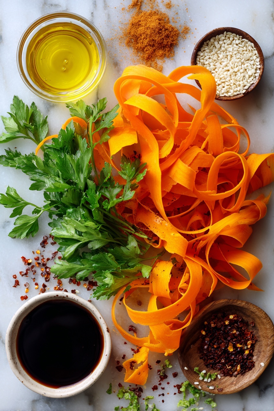 Raw Carrot Salad with Lemon-Mint Dressing, healthy carrot salad recipes, easy vegetarian salad, fresh summer side dish, vibrant vegetable salad - Flat lay of thinly sliced bright orange carrot ribbons, fresh green parsley leaves roughly chopped, small piles of light brown maple syrup, glossy dark balsamic vinegar droplets, smooth golden apple cider vinegar, scattered white sesame seeds, and a few deep red crushed pepper flakes, all beautifully arranged on a white marble surface, photo taken with an iphone --ar 2:3 --v 7