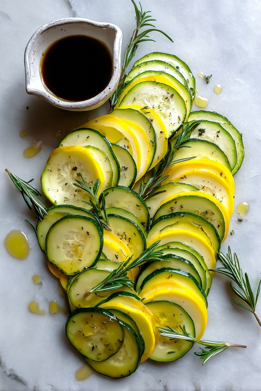 Zucchini and Yellow Squash Tart with Balsamic Drizzle, summer vegetable tart, easy zucchini tart, healthy squash tart, savory vegetable tart - Flat lay of thinly sliced green zucchini and bright yellow squash arranged in neat overlapping rows, fresh sprigs of crushed rosemary scattered delicately, a small pool of glossy balsamic vinegar reflecting light, a drizzle of golden olive oil glistening on the vegetables, all placed on a white marble surface, photo taken with an iphone --ar 2:3 --v 7