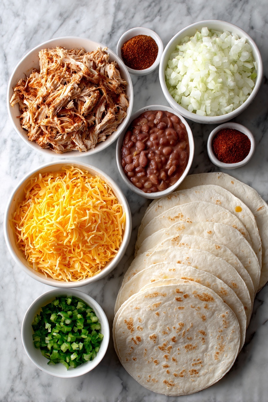 Air Fryer Chimichangas, crispy chimichangas, Mexican appetizers, quick air fryer recipes, cheesy chimichangas - Flat lay of shredded cooked chicken, finely chopped white onion, diced green chiles, ground cumin and chili powder in small piles, refried beans dolloped with a smooth texture, shredded cheddar cheese mounded with vibrant orange color, and large soft flour tortillas gently folded, all beautifully arranged on a white marble surface, photo taken with an iphone --ar 2:3 --v 7