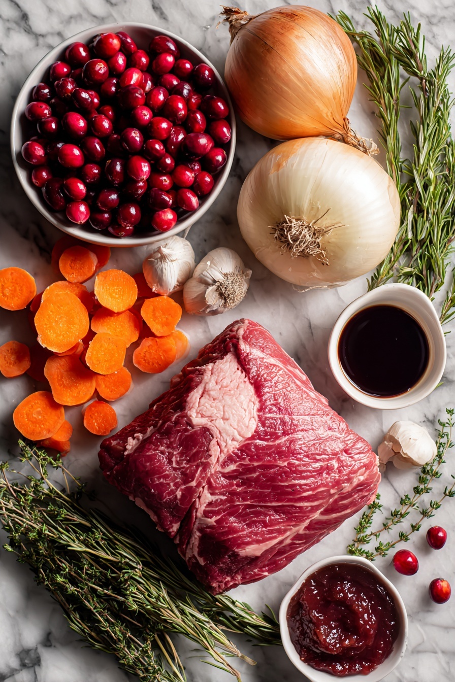 Cranberry Balsamic Roast Beef, Roast Beef with Cranberries and Balsamic, Holiday Roast Beef Recipes, Tender Slow-Cooked Beef with Cranberries, Unique Roast Beef Ideas - Flat lay of a fresh beef roast, bright orange peeled and sliced carrots, a handful of vibrant red cranberries, a bulb of garlic with several cloves separated, a large sliced onion, sprigs of fresh thyme and rosemary, a small bowl of deep red tomato paste, and a small dish of balsamic vinegar, all beautifully arranged with natural light and shadows, placed on a white marble surface, photo taken with an iphone --ar 2:3 --v 7