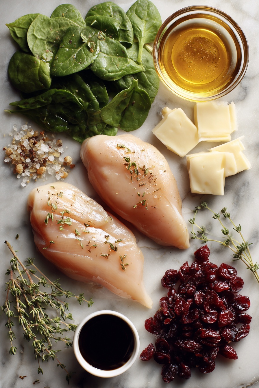 Cranberry & Spinach Stuffed Chicken Breasts with Brie, stuffed chicken breast recipes, cranberry chicken dinner, spinach and Brie chicken, easy elegant chicken dishes - Flat lay of fresh boneless skinless chicken breasts, vibrant chopped fresh spinach, plump dried cranberries, creamy slices of brie cheese, golden honey in a small pool, dark balsamic vinegar forming a glossy drop, a small heap of dried thyme, and a scattering of garlic powder, all beautifully arranged on a white marble surface, photo taken with an iphone --ar 2:3 --v 7