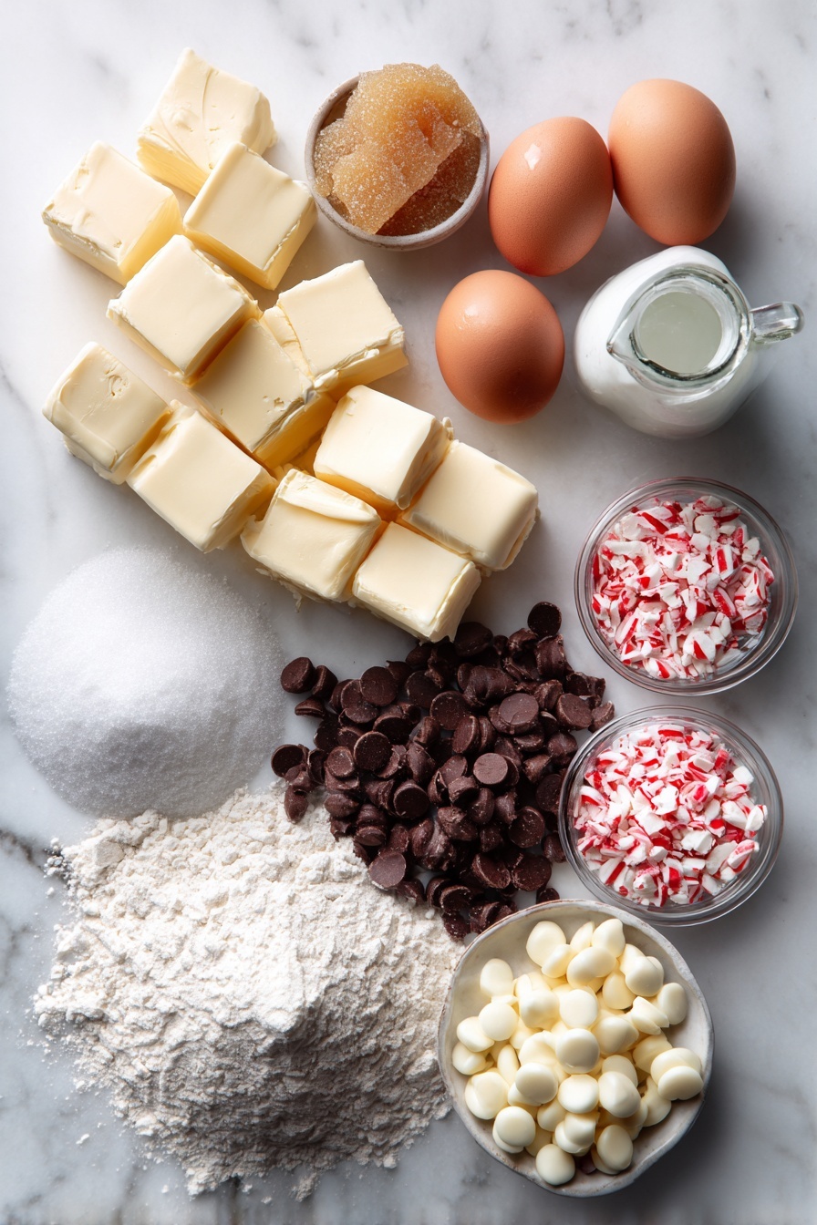 Winter Wonderland Chocolate Chip Cookies, festive holiday cookies, peppermint chocolate chip cookies, Christmas cookie recipes, winter baking treats - Flat lay of rich unsalted butter cubes, golden brown sugar crystals, smooth white granulated sugar, glossy large brown eggs, tiny glass bottle of vanilla extract, white all-purpose flour mound, dark semi-sweet chocolate chips, creamy white chocolate chips, and crushed red-and-white peppermint candies, all beautifully arranged in neat clusters placed on a white marble surface, photo taken with an iphone --ar 2:3 --v 7