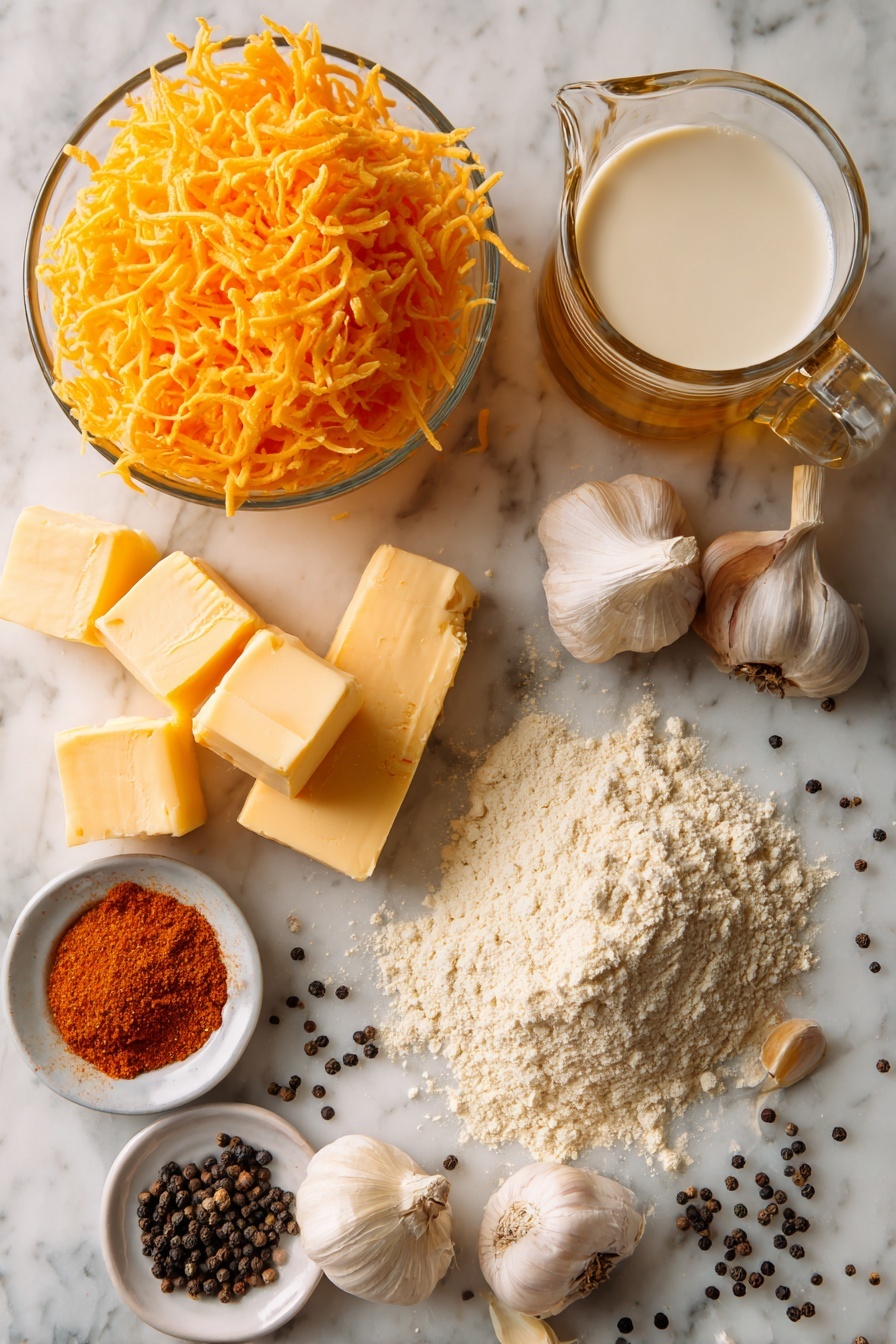 Vegan Beer Cheese, vegan cheese dip, dairy-free beer cheese, plant-based cheese sauce, vegan beer cheese dip - Flat lay of bright orange shredded vegan cheddar cheese, a golden pour of pale IPA beer in a clear glass, a small mound of smooth vegan butter blocks, a pile of light beige all-purpose flour, a few scattered garlic cloves, a sprinkle of vibrant red cayenne powder, a handful of unsweetened almond milk in a clear jug, and scattered black peppercorns, all beautifully arranged on a white marble surface, photo taken with an iphone --ar 2:3 --v 7