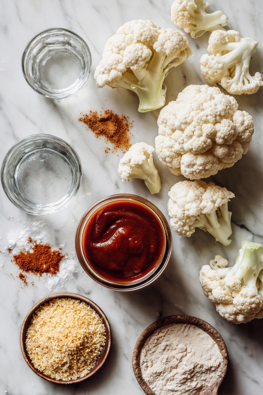 BBQ Cauliflower Wings, vegan wings, plant-based appetizer, healthy snack recipes, spicy cauliflower bites - Flat lay of fresh cauliflower florets with some stems attached, a small heap of golden panko breadcrumbs, a glass jar filled with rich reddish-brown barbecue sauce, a small pile of all-purpose flour dusted lightly, scattered garlic powder and onion powder spices, and a clear glass of water, all beautifully arranged on a white marble surface, photo taken with an iphone --ar 2:3 --v 7