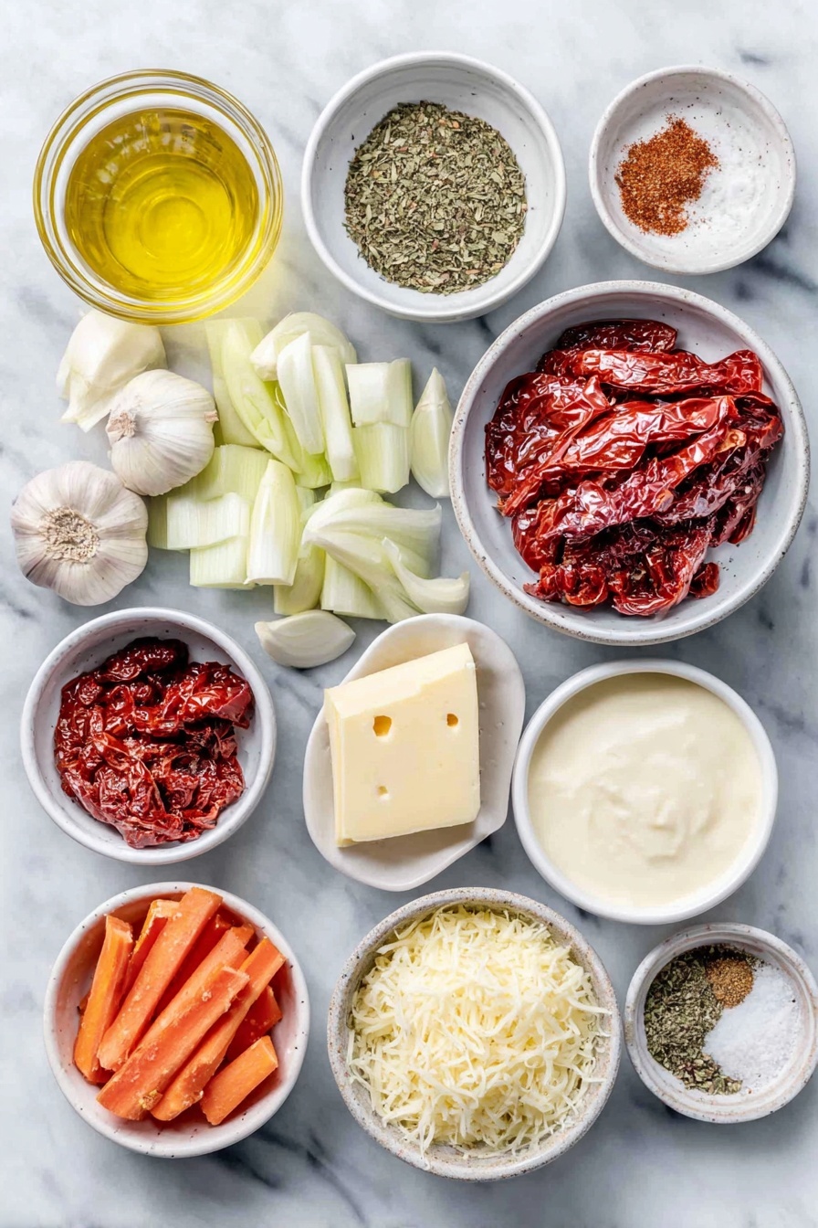 Roasted Red Pepper Gouda Soup, roasted red pepper soup, Gouda cheese soup, smoky red pepper soup, creamy vegetable soup - Flat lay of a small white bowl of golden olive oil, a small white bowl of creamy butter, a small white bowl of bright red roasted peppers, a small white bowl of deep red sundried tomatoes, a small white bowl of smooth heavy cream, a small white bowl of freshly shredded smoked gouda cheese, a small white bowl of vegetable stock with a pale golden hue, one small white onion roughly chopped, three fresh orange carrots roughly chopped, two crisp green celery stalks roughly chopped, three cloves of garlic peeled and minced, a small white bowl of paprika powder, a small white bowl of mixed Italian seasoning herbs, a small white bowl of coarse salt, a small white bowl of freshly cracked black pepper, all ingredients arranged symmetrically in a balanced layout on a clean white marble surface, soft natural light, photo taken with an iPhone, professional food photography style, fresh ingredients, white ceramic bowls, no bottles, no duplicates, no utensils, no packaging --ar 2:3 --v 7 --p awthu7i m7354615311229779997