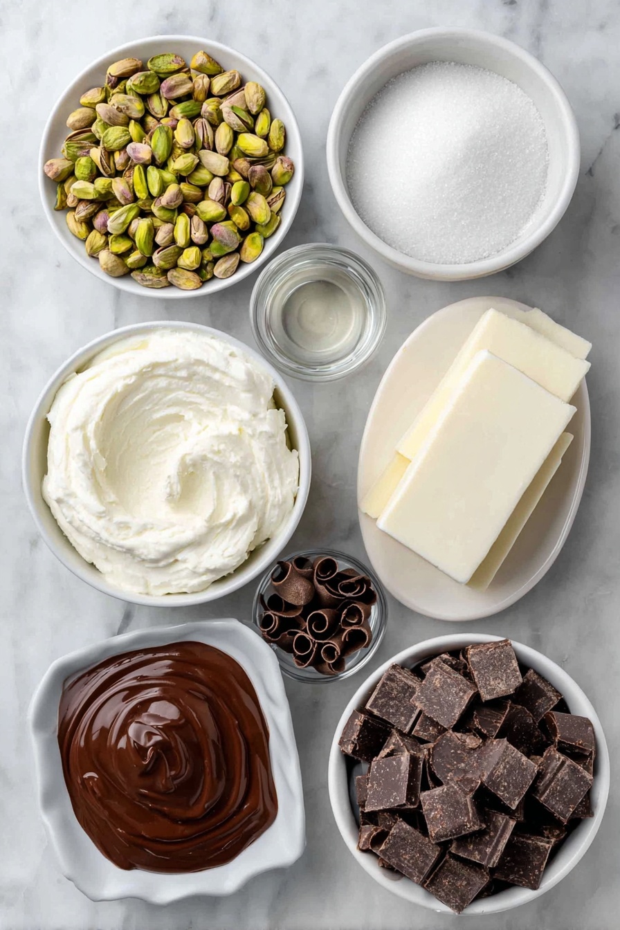 Pistachio Mousse with Chocolate Ganache, pistachio dessert, chocolate mousse recipe, elegant mousse dessert, easy dessert recipes - Flat lay of a small pile of shelled pistachios showing fresh green nuts, a neat mound of granulated sugar, a tiny white ceramic bowl with clear vanilla extract, a chilled white ceramic bowl filled with fluffy whipped heavy cream, a smooth oval of soft mascarpone cheese resting on a white ceramic plate, a neat pile of roughly chopped dark chocolate chunks, a small white ceramic bowl holding glossy dark chocolate ganache, a small white ceramic bowl with a cube of unsalted butter, a pinch of coarse sea salt flakes, delicate chocolate curls arranged artistically, and a few scattered whole raw pistachios as garnish—all perfectly arranged in balanced symmetry on a clean white marble surface, soft natural light, photo taken with an iPhone, professional food photography style, fresh ingredients, white ceramic bowls, no bottles, no duplicates, no utensils, no packaging --ar 2:3 --v 7 --p awthu7i m7354615311229779997