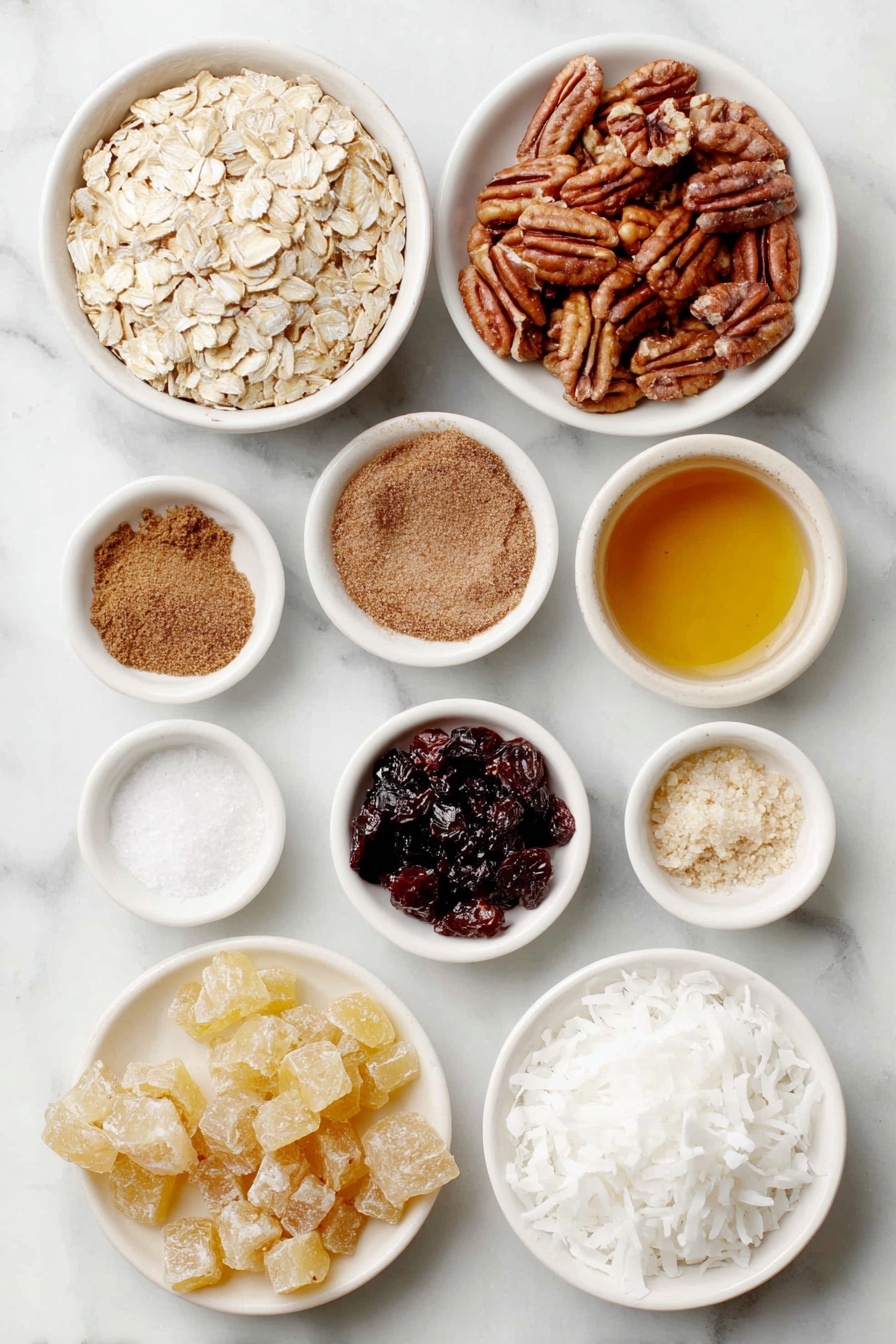 Gingerbread Granola, spiced granola recipe, crunchy breakfast granola, homemade gingerbread granola, holiday granola snack - Flat lay of old-fashioned rolled oats loosely spread in a small heap, a cluster of raw pecans and walnuts mixed together, a small white bowl of fine-grain sea salt, another small white bowl filled with ground cinnamon powder, a small white bowl containing ground ginger powder, a small white bowl with melted coconut oil shimmering softly, a small white bowl holding amber real maple syrup, a small white bowl with dark glossy molasses, a small white bowl of clear vanilla extract, a small white bowl heaped with large unsweetened white coconut flakes, scattered chopped dried cranberries with deep red tones, and chopped candied ginger pieces with light golden hues, all arranged with perfect symmetry on a clean white marble surface, soft natural light, photo taken with an iPhone, professional food photography style, fresh ingredients, white ceramic bowls, no bottles, no duplicates, no utensils, no packaging --ar 2:3 --v 7 --p awthu7i m7354615311229779997