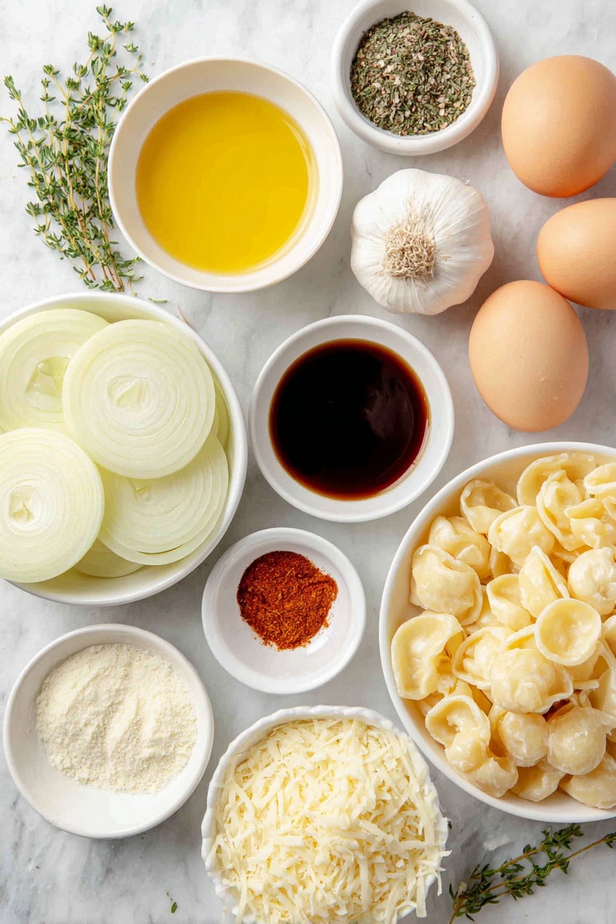 French Onion Pasta, caramelized onion pasta, easy French onion pasta recipe, comforting pasta dishes, savory onion pasta - Flat lay of three large yellow onions sliced into thin rings, a small white ceramic bowl of golden olive oil, a matching bowl with creamy unsalted butter, four whole uncracked garlic cloves, a tiny white bowl of bright red pepper flakes, a small white bowl with dark Worcestershire sauce, a small white bowl filled with deep brown soy sauce, a small white bowl of granulated beef bouillon powder, a few fresh green sprigs of parsley, a few fresh thyme sprigs, a small white bowl containing paprika powder, a small white bowl with dried oregano, two whole uncracked brown eggs, a handful of uncooked orecchiette pasta, a pile of freshly shredded pale yellow Gruyere cheese, a small heap of finely grated white Parmesan cheese, all ingredients neatly arranged with perfect symmetry and balanced proportions, placed on a clean white marble surface, soft natural light, photo taken with an iPhone, professional food photography style, fresh ingredients, white ceramic bowls, no bottles, no duplicates, no utensils, no packaging --ar 2:3 --v 7 --p awthu7i m7354615311229779997
