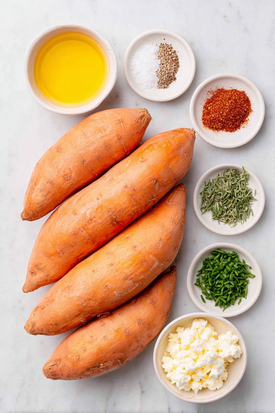 Sweet Potato Rounds with Honey and Feta, savory sweet potato appetizer, roasted sweet potato bites, honey feta roasted sweet potatoes, easy sweet potato side dish - Flat lay of a stack of three large sweet potatoes with bright orange skin, a small white bowl of golden olive oil, a small white bowl containing a warm brown spice mix of cinnamon, smoked paprika, cumin, coriander, and red pepper flakes, a small white bowl of coarse kosher salt next to a small white bowl with fresh cracked black pepper, a small white bowl filled with amber honey, a small white bowl of crumbly white feta cheese, and a small bunch of fresh green chives and parsley sprigs placed neatly, all arranged in perfect symmetry, the ingredients looking fresh and natural, placed on a clean white marble surface, soft natural light, photo taken with an iPhone, professional food photography style, fresh ingredients, white ceramic bowls, no bottles, no duplicates, no utensils, no packaging --ar 2:3 --v 7 --p awthu7i m7354615311229779997