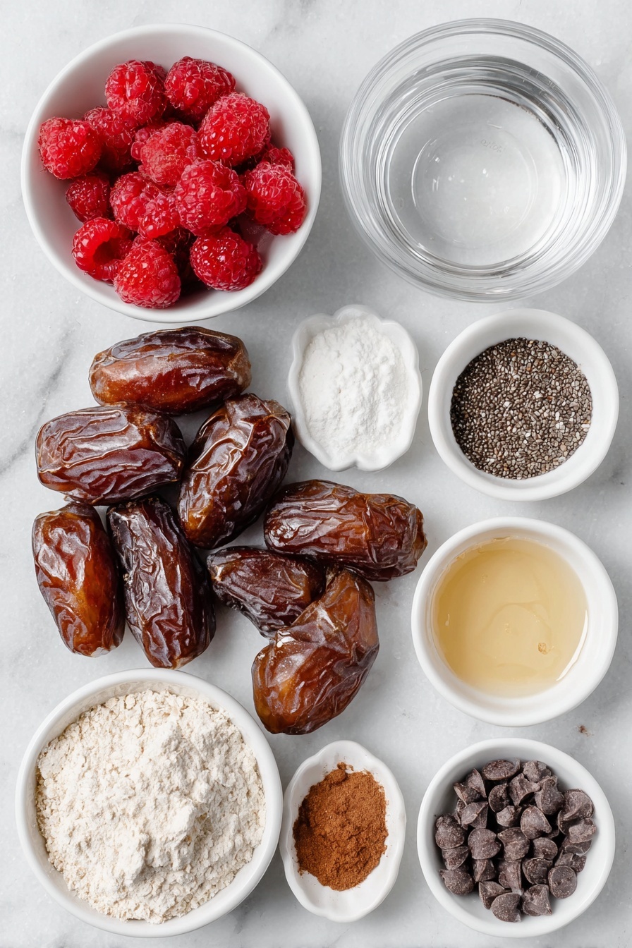 Raspberry Date Brownie Bites, healthy brownie snacks, no-bake energy bites, gluten-free brownie treats, wholesome dessert ideas - Flat lay of fresh large medjool dates with glossy brown skins, a small white bowl of vibrant frozen raspberries starting to thaw, a few loose chia seeds scattered neatly, a small white bowl filled with clear water, a small white bowl with fine white arrowroot powder, a small pile of rich dark cocoa powder, a small white bowl of amber maple syrup, a small dollop of creamy runny nut butter, a small mound of light oat flour, a small white bowl with pale almond milk, a small white dish holding a tiny amount of golden vanilla extract, a small white bowl filled with smooth dark chocolate chips, and a small white bowl with glossy melted coconut oil, all arranged in perfect symmetry and realistic proportions, placed on a clean white marble surface, soft natural light, photo taken with an iPhone, professional food photography style, fresh ingredients, white ceramic bowls, no bottles, no duplicates, no utensils, no packaging --ar 2:3 --v 7 --p awthu7i m7354615311229779997