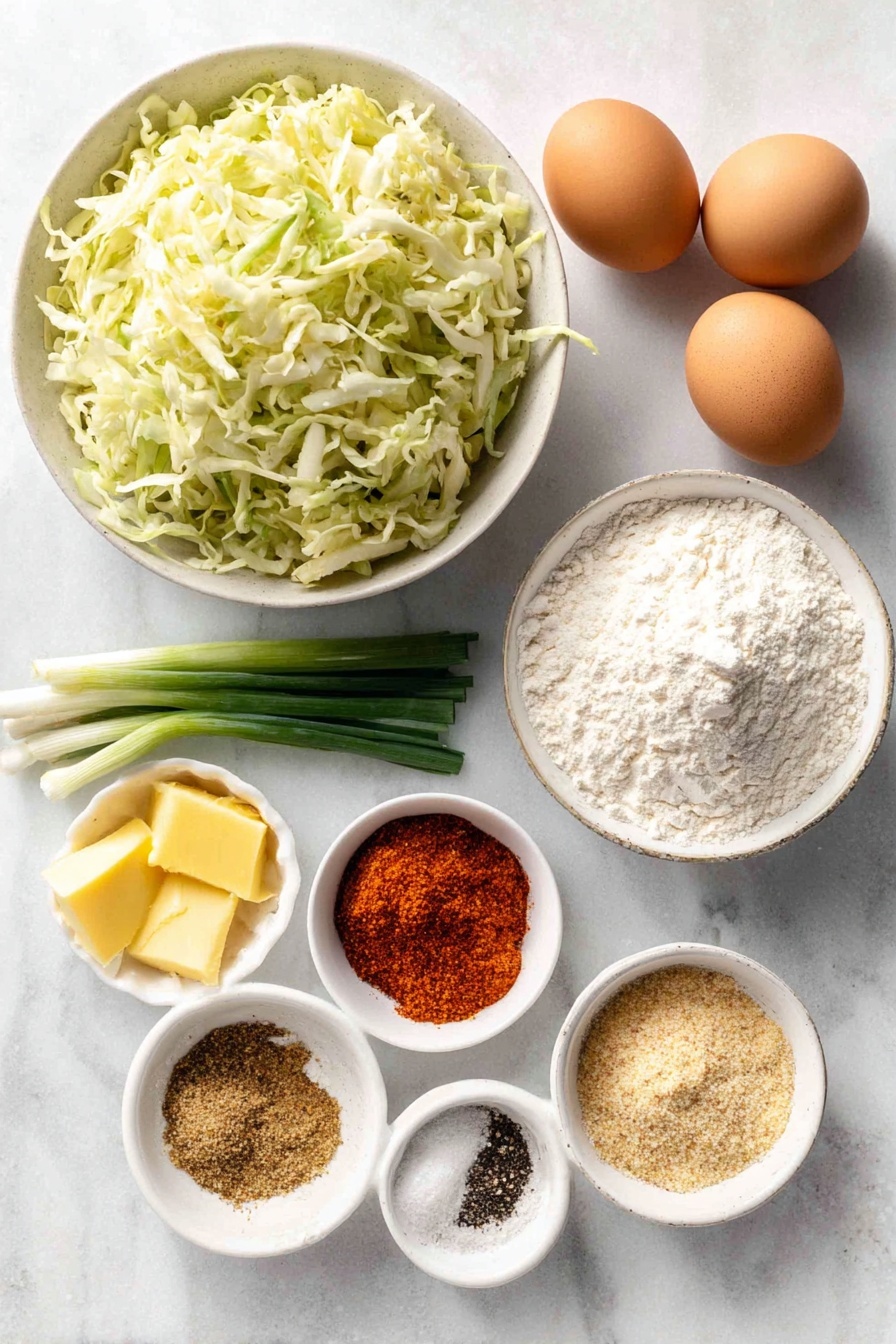 Cabbage Fritters, easy cabbage fritters, crispy vegetable fritters, healthy cabbage snacks, quick vegetarian appetizers - Flat lay of a small pile of finely shredded green cabbage, two medium-small bright orange grated carrots, three fresh green scallions sliced thinly, two whole uncracked brown eggs, a small mound of white all-purpose flour, two peeled garlic cloves minced finely, a small white ceramic bowl of golden yellow ghee, a small white ceramic bowl of coarse sea salt crystals, a small white ceramic bowl of ground black pepper, a small white ceramic bowl of vibrant red paprika powder, and a small white ceramic bowl of light brown ground coriander powder, all arranged symmetrically on a clean white marble surface, soft natural light, photo taken with an iPhone, professional food photography style, fresh ingredients, white ceramic bowls, no bottles, no duplicates, no utensils, no packaging --ar 2:3 --v 7 --p awthu7i m7354615311229779997