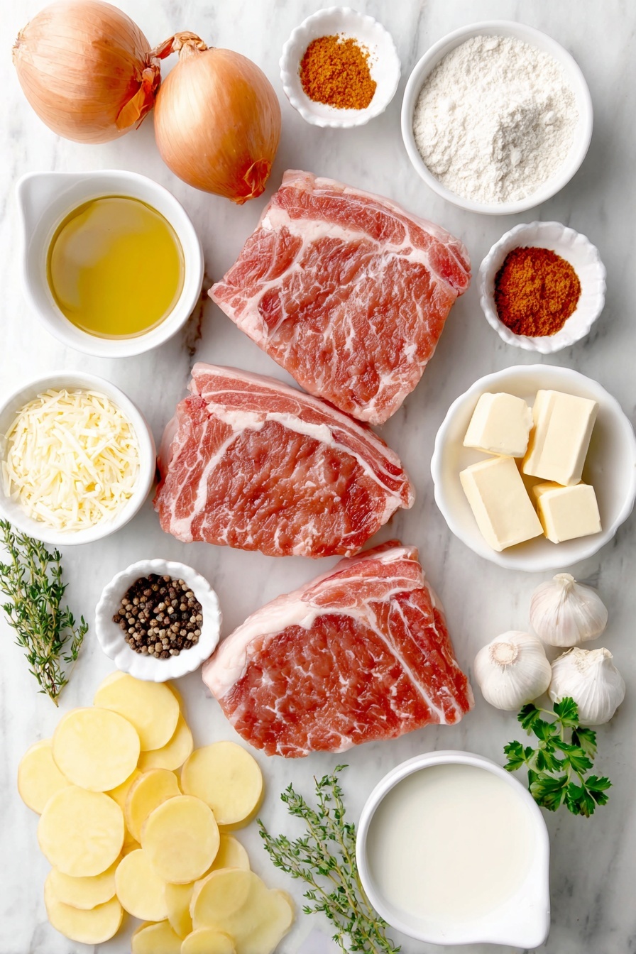 Smothered Pork Chop and Scalloped Potato Casserole, pork chop and scalloped potato casserole, hearty pork and potato bake, comforting pork dinner, baked pork chop recipe - Flat lay of fresh boneless pork chops with natural marbling, a small white bowl of golden olive oil, a small pile of coarse salt and whole black peppercorns, a small white bowl with bright red paprika powder, a small white bowl of pale garlic powder, a small white bowl of light brown onion powder, a medium yellow onion thinly sliced, three whole uncracked brown garlic cloves, a few cubes of pale unsalted butter, a small white bowl filled with white all-purpose flour, a small white bowl of whole milk, a small white bowl of clear golden chicken broth, a small white bowl of thick creamy heavy cream, fresh green thyme sprigs, thinly sliced Yukon gold potatoes fanned out, a small pile of shredded pale mozzarella cheese, and fresh bright green parsley sprigs, all arranged symmetrically on a simple white ceramic plate and bowls placed on a clean white marble surface, soft natural light, photo taken with an iPhone, professional food photography style, fresh ingredients, white ceramic bowls, no bottles, no duplicates, no utensils, no packaging --ar 2:3 --v 7 --p awthu7i m7354615311229779997