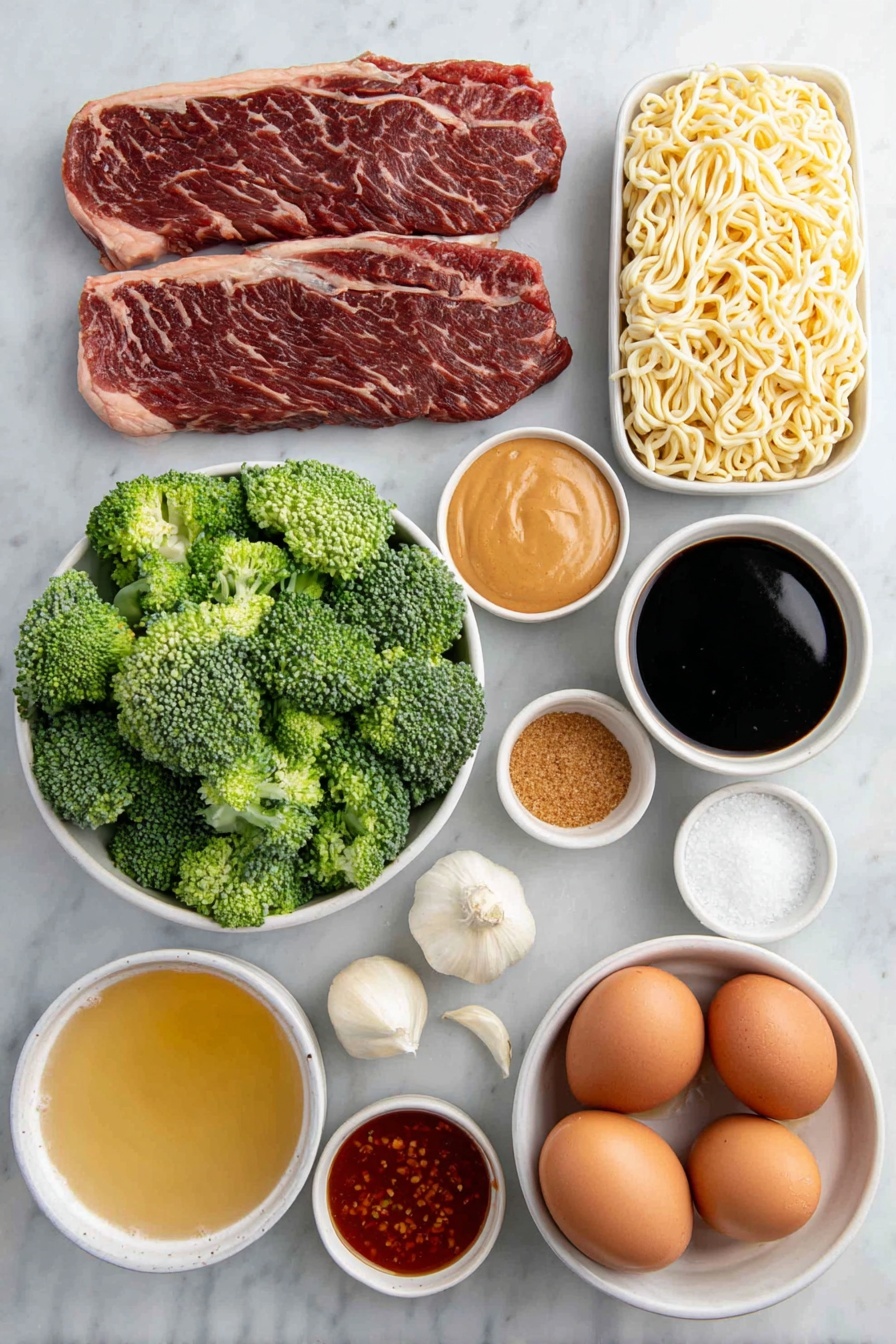 Beef Broccoli Ramen Stir-Fry, quick Asian stir-fry, easy beef ramen dinner, healthy noodle stir-fry, flavorful beef broccoli dish - Flat lay of a fresh strip steak sliced thinly, bright green broccoli florets, a small bundle of uncooked pale yellow ramen noodles, three whole garlic cloves with clean white skins, a small white ceramic bowl of dark low sodium soy sauce, a small white ceramic bowl of amber honey, a small white ceramic bowl of smooth light brown peanut butter, a small white ceramic bowl of brown sugar crystals, a small white ceramic bowl of reddish hot sauce, a small white ceramic bowl of glossy toasted sesame oil, a small white ceramic bowl of golden beef broth, a small white ceramic bowl of pale chicken broth, three whole brown eggs with clean shells, all ingredients arranged symmetrically with realistic proportions on a clean white marble surface, soft natural light, photo taken with an iPhone, professional food photography style, fresh ingredients, white ceramic bowls, no bottles, no duplicates, no utensils, no packaging --ar 2:3 --v 7 --p awthu7i m7354615311229779997