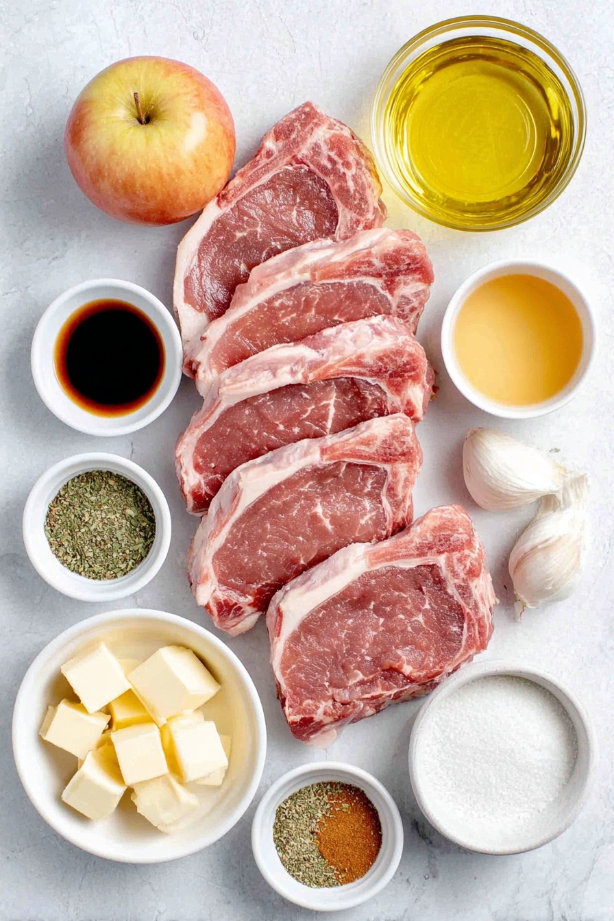 Apple Pork Chops with Balsamic Sauce, pork chop recipes with apples, easy pork chop dinner ideas, savory apple pork recipe, balsamic pork chop skillet - Flat lay of four bone-in pork chops with marbled meat, a whole fresh apple with smooth skin, three whole uncracked garlic cloves, a small white ceramic bowl of golden olive oil, a small white ceramic bowl of pale dry white wine, a small white ceramic bowl of unsalted butter cubes, a small white ceramic bowl of light golden honey, a small white ceramic bowl of dark balsamic vinegar, a small white ceramic bowl of light brown sugar, a small white ceramic bowl of mixed dried herbs and spices (thyme, oregano, parsley, sage, cinnamon, nutmeg, mustard powder, onion powder), a small white ceramic bowl of pale chicken broth, and a small white ceramic bowl of white cornstarch powder, all arranged in perfect symmetry on a clean white marble surface, soft natural light, photo taken with an iPhone, professional food photography style, fresh ingredients, white ceramic bowls, no bottles, no duplicates, no utensils, no packaging --ar 2:3 --v 7 --p awthu7i m7354615311229779997