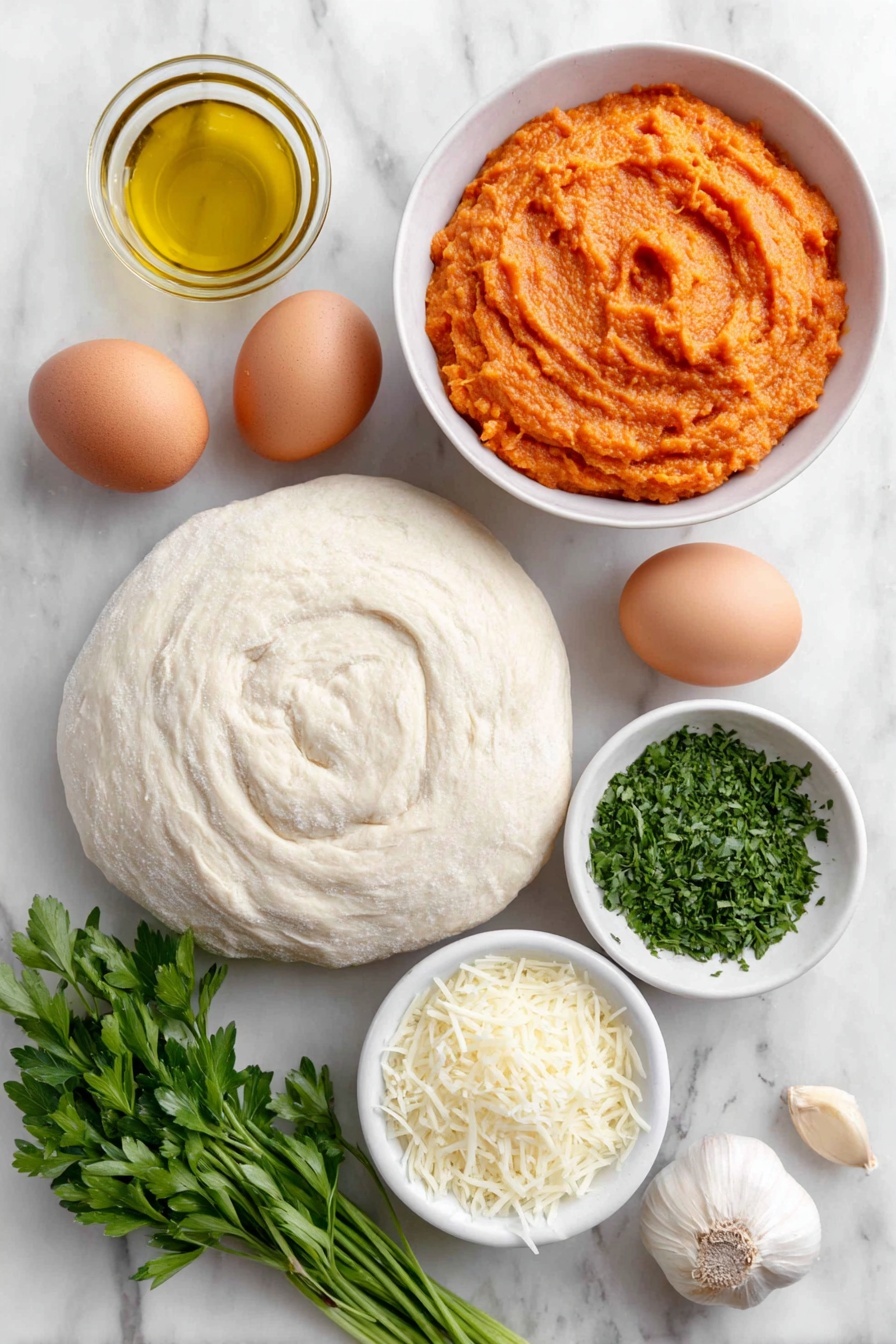 Pumpkin and Gouda Pizza, Pumpkin and Gouda Pizza, Fall Pumpkin Gouda Pizza, Cheeseburger Pumpkin Pizza, Seasonal Pumpkin Gouda Pizza - Flat lay of a small white ceramic bowl with smooth bright orange pumpkin puree, a few whole uncracked brown eggs, a neatly coiled ball of fresh pale pizza dough, a small white ceramic bowl filled with golden extra-virgin olive oil, a white ceramic bowl holding thinly sliced translucent yellow onion rings, a few fresh garlic cloves with papery skin intact, a small white ceramic bowl of crushed red pepper flakes, a modest pile of freshly grated creamy gouda cheese, and a small bunch of finely chopped vibrant green fresh parsley, all arranged symmetrically and proportionately with perfect balance, placed on a clean white marble surface, soft natural light, photo taken with an iPhone, professional food photography style, fresh ingredients, white ceramic bowls, no bottles, no duplicates, no utensils, no packaging --ar 2:3 --v 7 --p m7354615311229779997