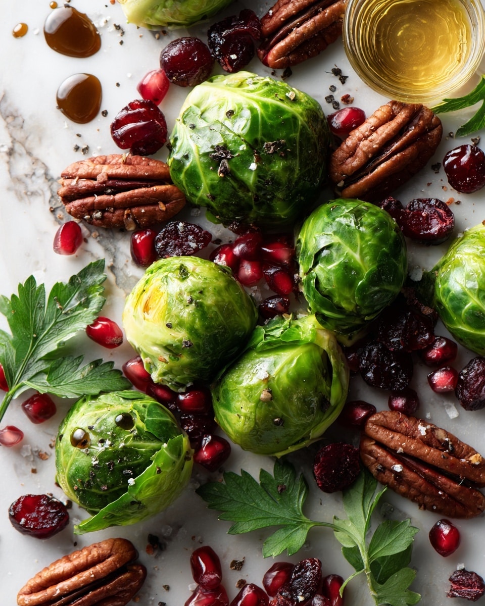 Balsamic Roasted Brussels Sprouts with Pecans and Cranberries, Brussels Sprouts Side Dish, Holiday Brussels Sprouts Recipe, Easy Brussels Sprouts Recipe, Flavorful Brussels Sprouts - Flat lay of fresh green Brussels sprouts halved to reveal their tightly packed layers, glossy deep brown toasted pecan halves with rough textured edges, vibrant red dried cranberries scattered naturally, bright green fresh parsley leaves with delicate veins, small pools of dark, shiny balsamic vinegar, and golden amber honey droplets glistening softly, all arranged artfully with some crushed black pepper specks and coarse sea salt crystals sprinkled lightly, placed on white marbled surface, photo taken with an iphone --ar 2:3 --v 7