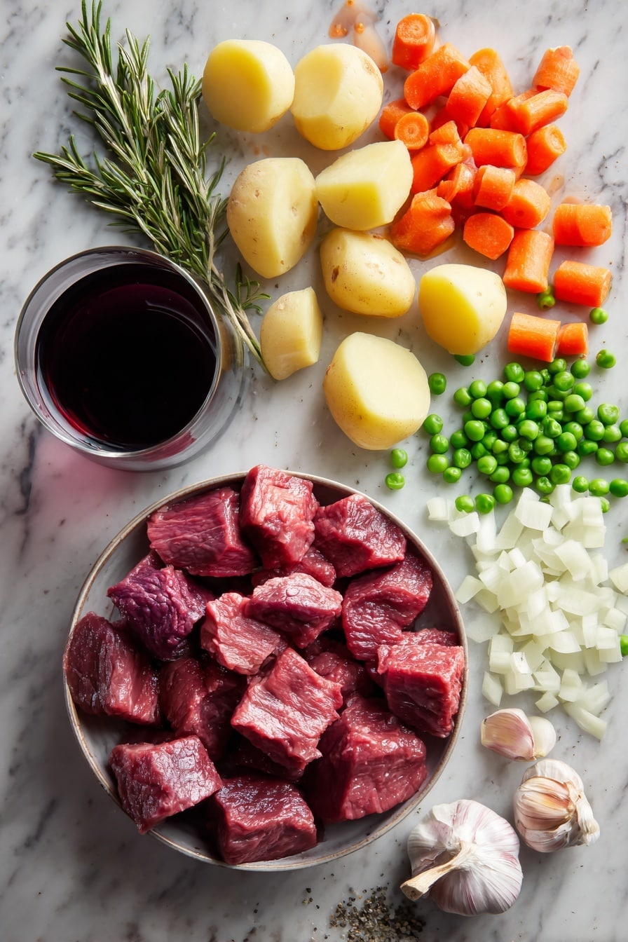 Slow Cooker Beef Stew, beef stew recipe, hearty beef stew, easy slow cooker meal, comforting beef stew - Flat lay of rich red cubes of raw beef stew meat, bright orange carrot chunks, creamy pale yellow baby Yukon gold potatoes halved, glossy deep purple-red glass of cabernet sauvignon, fresh sprig of green rosemary, vibrant white and light purple diced onions, peeled cloves of garlic with smooth white skins, and bright green frozen peas scattered lightly, all arranged naturally with contrasting colors and textures, placed on white marbled surface, photo taken with an iphone --ar 2:3 --v 7