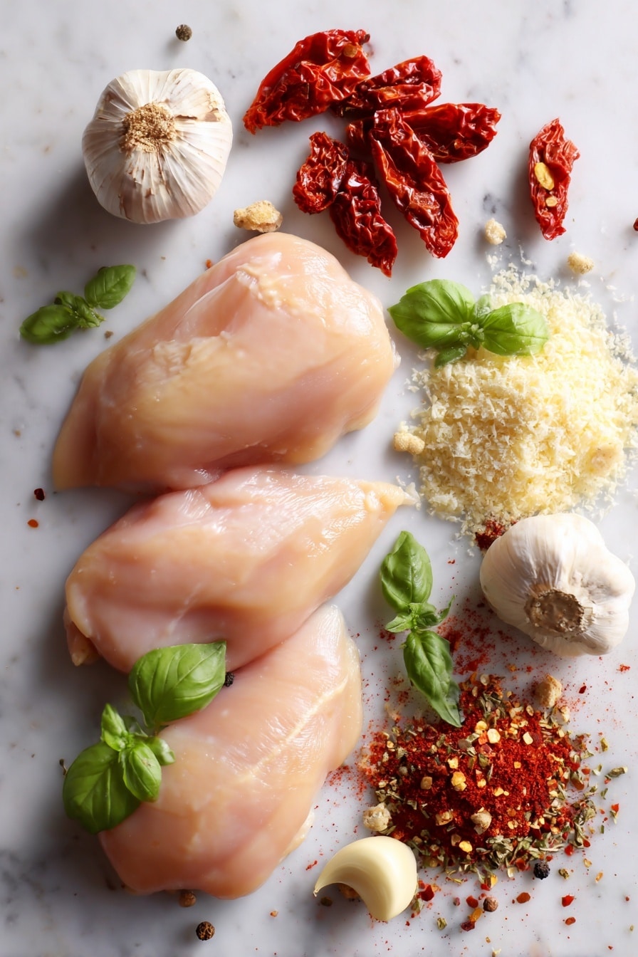 Crock Pot Marry Me Chicken, slow cooker Marry Me Chicken, easy instant pot chicken, creamy garlic chicken recipes, weeknight dinner ideas - Flat lay of four raw boneless, skinless chicken breasts with smooth, pale pink skin, scattered bright red sun-dried tomatoes with a slightly wrinkled texture, several fresh basil leaves in vibrant green with delicate veins, whole garlic bulbs and peeled garlic cloves showing their creamy white color, a small pile of grated parmesan cheese with a fine, crumbly texture in off-white, a mix of dried Italian herbs with flecks of green and brown, whole red pepper flakes with deep red and orange tones, and a small mound of paprika powder in rich rusty red, all beautifully arranged in a natural, slightly scattered composition placed on white marbled surface, photo taken with an iphone --ar 2:3 --v 7