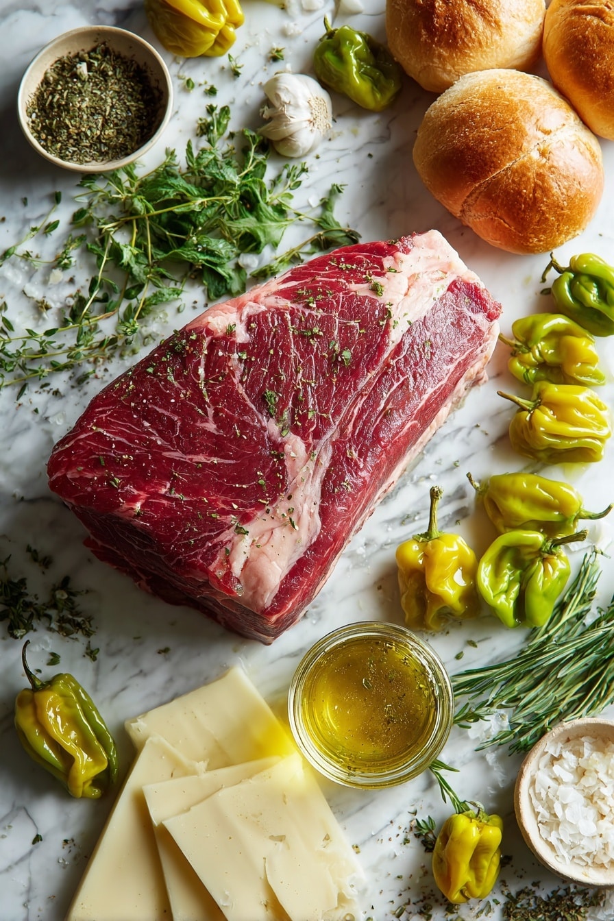 Italian Beef Sandwiches with Pepperoncini, Italian beef sandwiches, easy beef sandwich recipes, flavorful Italian sandwiches, hearty sandwiches with pepperoncini - Flat lay of a large raw beef roast with rich red and marbled fat textures, scattered bright green and yellow pepperoncini peppers with wrinkled skins, fresh garlic herb seasoning sprinkled in small piles of dried herbs, a small glass jar of golden-yellow pepperoncini brine with a slight sheen, thick slices of creamy white provolone cheese, golden crusty sub rolls with a soft interior visible, and fresh sprigs of green Italian herbs gently placed around, all arranged naturally with overlapping elements and varied shapes, placed on white marbled surface, photo taken with an iphone --ar 2:3 --v 7