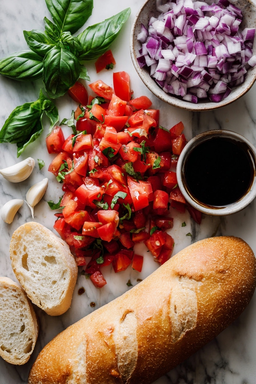 Tomato Bruschetta with Balsamic Glaze, homemade tomato bruschetta, easy Italian appetizer, fresh tomato topping, balsamic glaze recipe - Flat lay of ripe red roma tomatoes diced with vibrant purple-red diced red onion, bright green fresh basil leaves roughly chopped, plump cloves of garlic with smooth white papery skin, glossy deep brown balsamic vinegar reduced to a thick glaze, and a fresh loaf of crusty French baguette with a golden brown crust and soft creamy interior, all naturally arranged with scattered basil leaves and garlic cloves for texture contrast, placed on white marbled surface, photo taken with an iphone --ar 2:3 --v 7