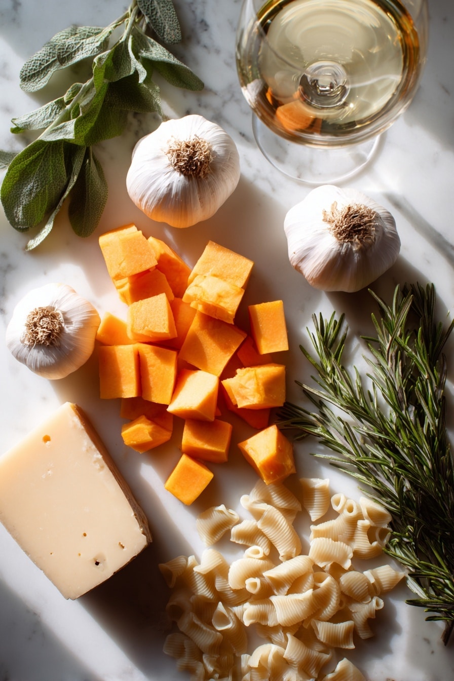 Roasted Pumpkin and Garlic Pasta with White Wine and Parmesan, pumpkin pasta recipe, fall pasta dishes, easy pumpkin pasta, savory autumn pasta - Flat lay of medium-sized diced orange pumpkin pieces with smooth skin, two whole garlic bulbs with papery white skins and exposed cloves, fresh green rosemary sprigs with needle-like leaves, uncooked small pasta shapes in a pale cream color, a wedge of light yellow parmesan cheese with a slightly crumbly texture, a small bunch of fresh green herbs, and a glass of white wine showing a pale golden hue, all naturally scattered and artistically arranged with gentle shadows and soft natural light, placed on white marbled surface, photo taken with an iphone --ar 2:3 --v 7