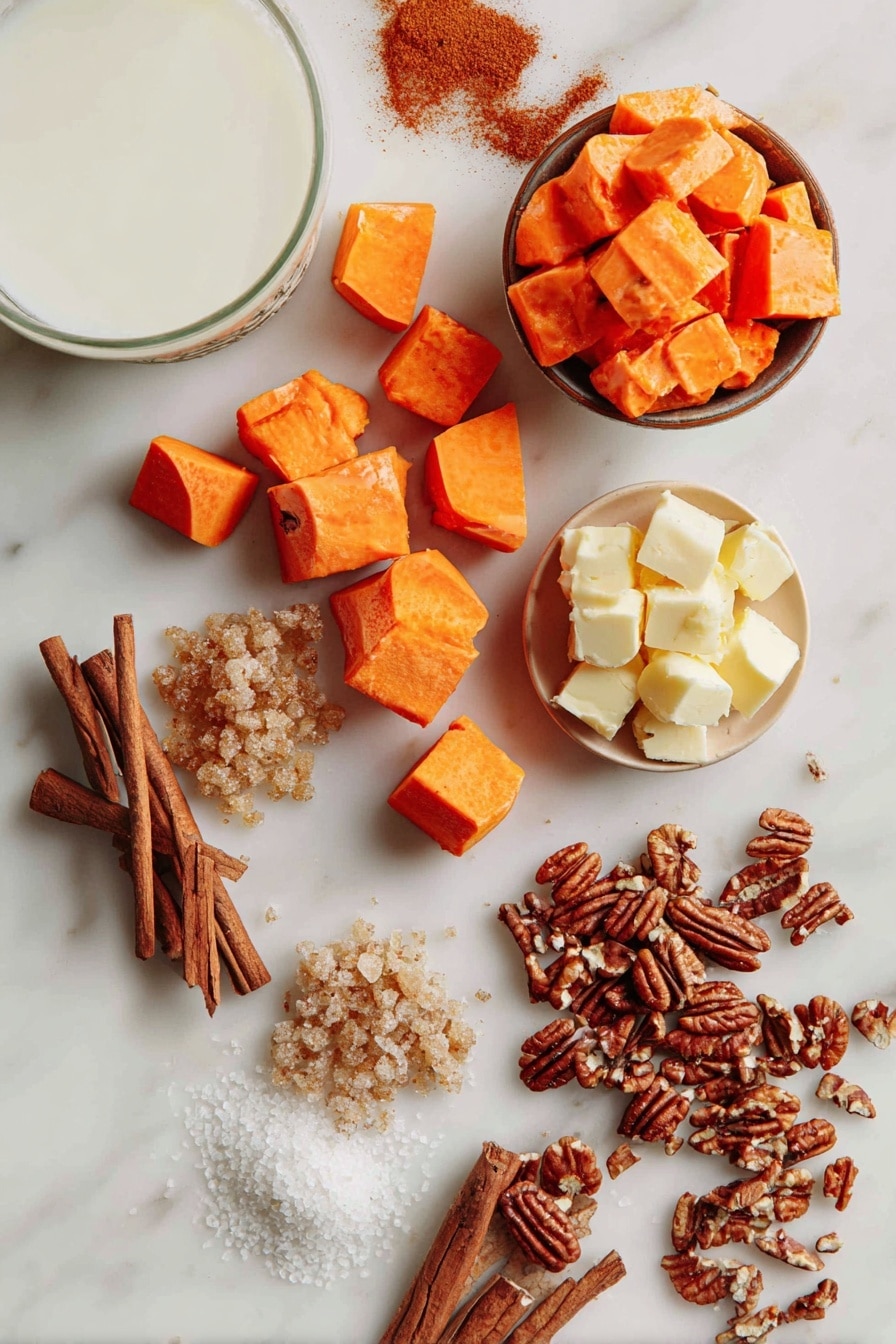 Vegan Sweet Potato Casserole with Pecan Topping, vegan sweet potato casserole, dairy-free sweet potato side dish, holiday vegan casserole, healthy vegan sweet potato dish - Flat lay of vibrant peeled and chopped sweet potatoes with their bright orange flesh, a smooth open can of creamy white coconut milk, piles of golden brown sugar crystals sparkling softly, whole warm cinnamon sticks alongside whole nutmeg pods and ground cinnamon powder showing fine texture, a small heap of chopped glossy pecans with rich brown hues, and a chunk of soft vegan butter with a pale yellow color, all beautifully arranged with a mix of scattered spices and neatly grouped ingredients, placed on white marbled surface, photo taken with an iphone --ar 2:3 --v 7