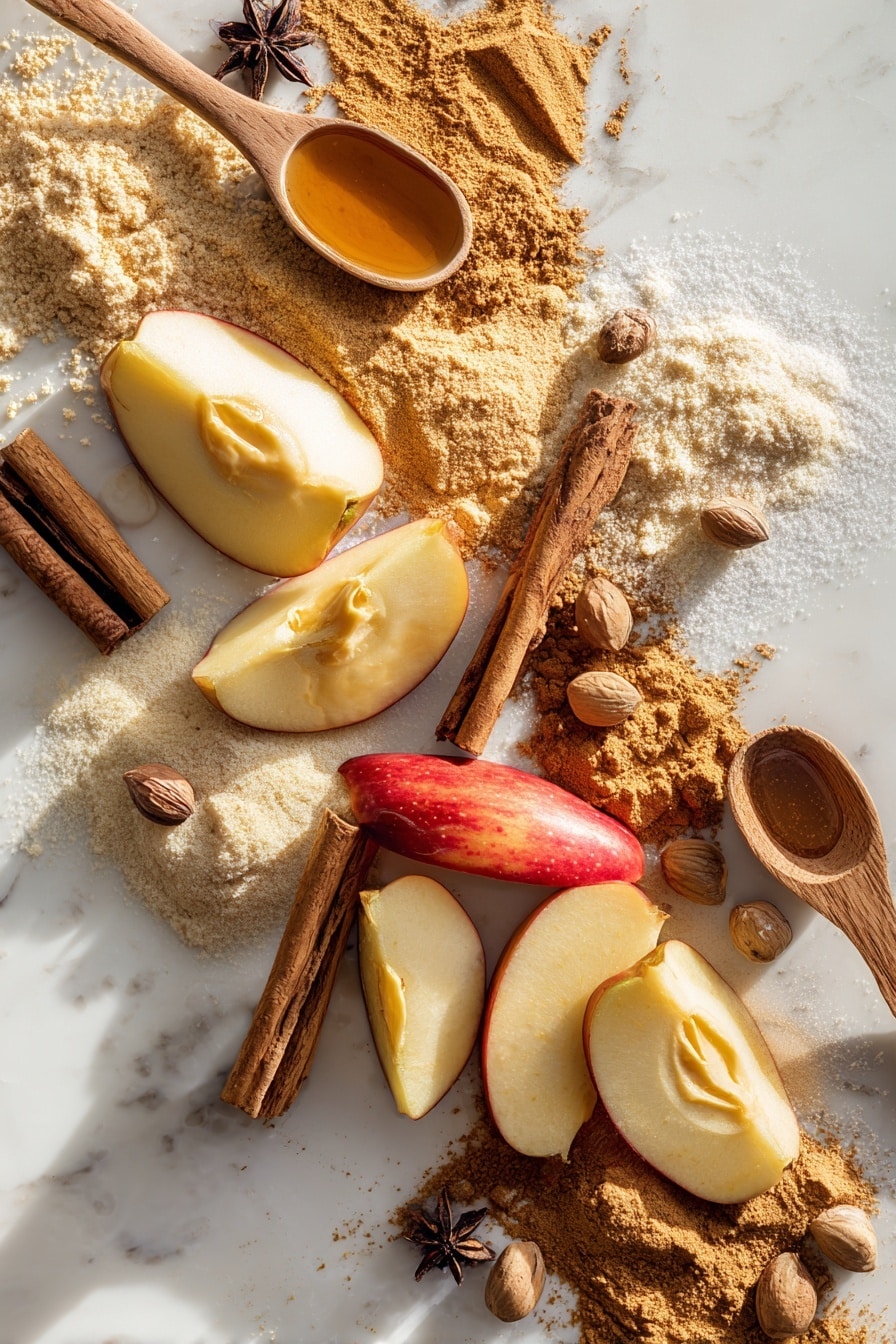 Vegan Apple Upside Down Cake, vegan apple dessert, healthy apple cake, easy vegan apple cake, fall vegan desserts - Flat lay of fresh red and golden apple slices with smooth, pale yellow vegan butter chunks, rich dark brown sugar crystals, warm cinnamon sticks and vibrant ground cinnamon powder, small wooden spoons holding pure vanilla extract, scattered light brown nutmeg seeds, and moist golden all-purpose flour dusts, arranged naturally with soft shadows and textured contrasts, placed on white marbled surface, photo taken with an iphone --ar 2:3 --v 7