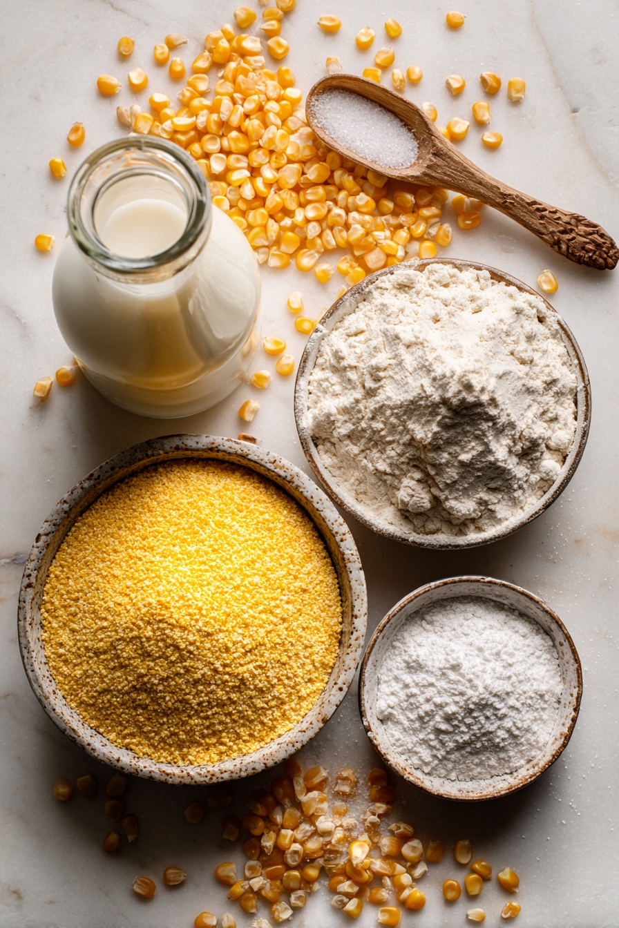 Vegan Cornbread, Best Vegan Cornbread, Vegan Cornbread Recipe, Moist Vegan Cornbread, Sweet and Savory Vegan Cornbread - Flat lay of bright yellow corn kernels spilling from a small rustic bowl, golden yellow cornmeal piled high with a coarse, grainy texture, a neat stack of white all-purpose flour dusted lightly around its edges, a small heap of fine white granulated sugar sparkling softly, a smooth glass bottle of pale amber canola oil catching light, a carton of creamy white almond milk with a subtle sheen, and a wooden spoon gently scooping fine baking powder, with a pinch of white salt crystals nearby, all naturally arranged with soft shadows and highlights to emphasize their fresh, raw quality, placed on white marbled surface, photo taken with an iphone --ar 2:3 --v 7