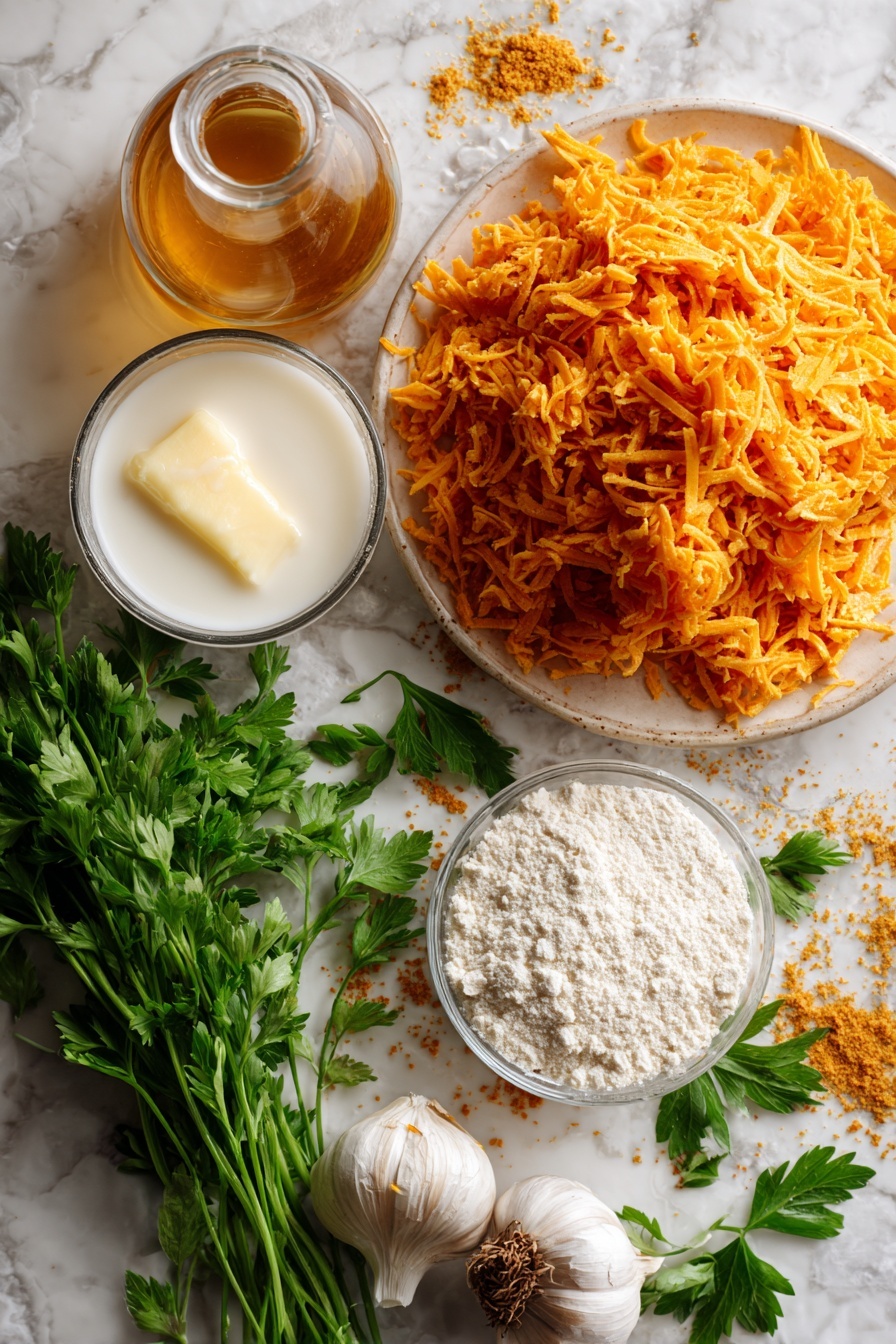 Vegan Cheddar Bay Biscuits, vegan cheesy biscuits, plant-based savory biscuits, vegan biscuit recipe, dairy-free cheesy biscuits - Flat lay of shredded vegan cheddar cheese with its rich orange color and crumbly texture, fresh bright green chopped parsley leaves scattered nearby, smooth and glossy melted vegan butter with a pale yellow hue in a small pool, a halved apple cider vinegar bottle showing its amber liquid inside, a small mound of fine white all-purpose flour with a slightly powdery texture, vibrant golden garlic powder sprinkled gently, whole unsweetened soy milk in a clear glass container showing its creamy white color, and a few fresh garlic cloves with papery white skin, all beautifully arranged in a natural, slightly scattered way to highlight their freshness and colors, placed on white marbled surface, photo taken with an iphone --ar 2:3 --v 7