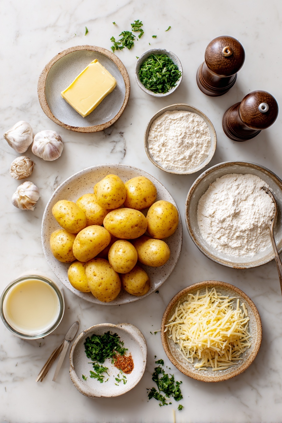 Creamy Garlic Potatoes, Easy Creamy Garlic Potatoes, Comforting Garlic Potato Side Dish, Flavorful Garlic Potatoes, Silky Garlic Potato Recipe - Flat lay of a small pile of yellow baby potatoes, a few garlic cloves minced in a small bowl, a pat of butter on a dish, a small mound of flour, a small cup of chicken broth, a half cup of creamy half and half in a glass, a small pile of shredded Parmesan cheese, a pinch of cayenne pepper in a tiny dish, fresh chopped parsley scattered around, with salt and black pepper grinders nearby, all placed on a white marble surface, photo taken with an iphone --ar 2:3 --v 7