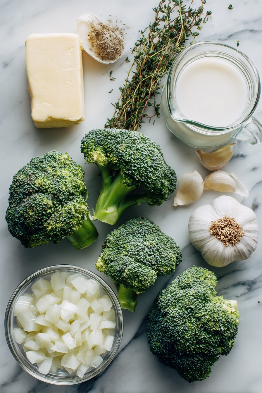 Cream of Broccoli Soup, broccoli soup recipe, healthy broccoli soup, easy broccoli soup, comforting vegetable soup - Flat lay of fresh broccoli florets, a medium diced white onion, whole garlic cloves, sprigs of dried thyme and oregano, a small mound of salted butter, and a splash of creamy milk and heavy cream artfully arranged in clear glass containers, placed on a white marble surface, photo taken with an iphone --ar 2:3 --v 7