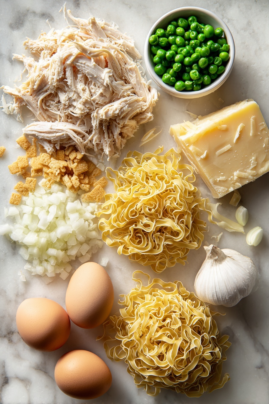 Creamy Chicken Casserole, Chicken casserole recipe, cheesy chicken bake, easy chicken dinner, comforting casserole dishes - Flat lay of shredded cooked chicken, bright green frozen peas, diced white onion, minced garlic cloves, a block of sharp cheddar cheese with some shreds scattered nearby, pale yellow butter, a small pile of crushed golden crackers, and a wedge of grated parmesan cheese artfully arranged with uncooked egg noodles in loose nests, placed on a white marble surface, photo taken with an iphone --ar 2:3 --v 7
