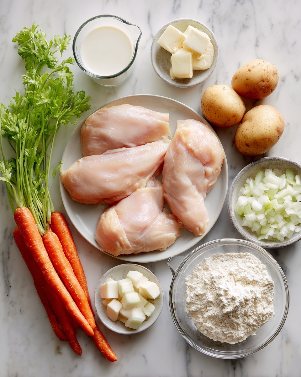 Southern Style Chicken and Dumplings, Southern Chicken and Dumplings, Classic Southern Comfort Food, Easy Chicken and Dumplings Recipe, Hearty Chicken and Dumplings - Flat lay of three boneless skinless chicken breasts, a medium diced white onion, three peeled garlic cloves, two cups of whole milk in a clear glass, a pile of flour with some cold shortening chunks on top, a small mound of baking powder, a small bowl of buttermilk, and a few sprigs of fresh celery and sliced carrots arranged beautifully on a white marble surface, photo taken with an iphone --ar 2:3 --v 7