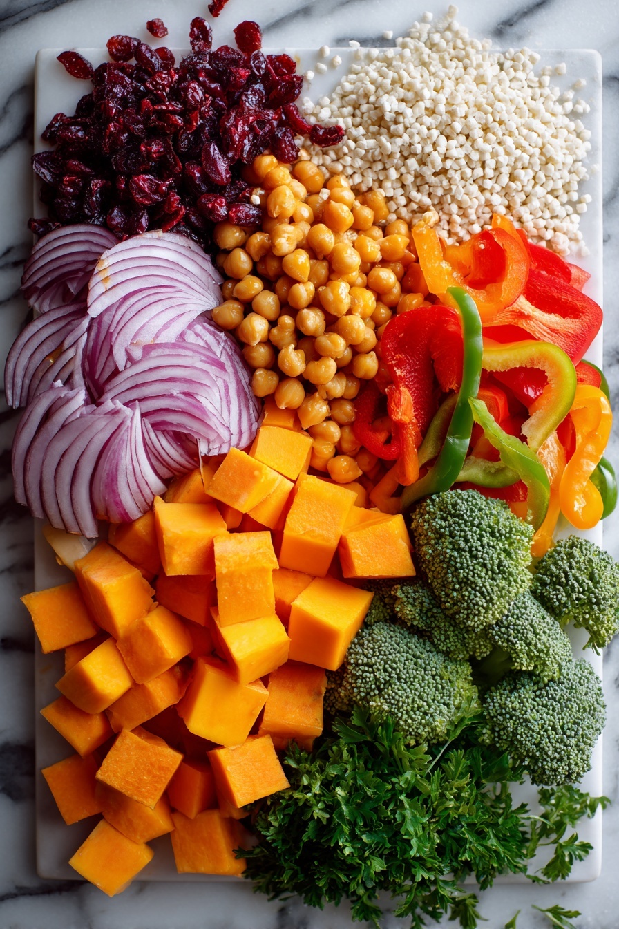 Roasted Pumpkin Couscous Salad with Cranberries and Pumpkin Seeds, Fall salad with roasted pumpkin and cranberries, Easy healthy autumn salad, Cozy vegetarian pumpkin salad, Vibrant pumpkin couscous bowl - Flat lay of vibrant cubed pumpkin, bright red onion wedges, colorful red and green bell pepper slices, fresh green broccoli florets, crisp orange carrot slices, golden chickpeas, raw pearl couscous grains, sprinkled pumpkin seeds, dried cranberries, and fresh chopped parsley, all beautifully arranged in an artful composition on a white marble surface, photo taken with an iphone --ar 2:3 --v 7