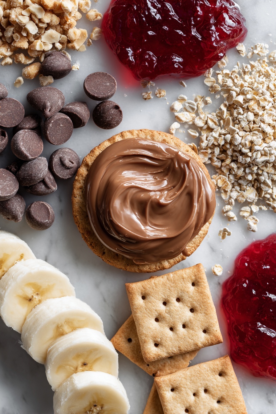 Peanut Butter Chocolate Coated Crackers Sandwiches, crunchy chocolate cracker treats, quick peanut butter snack, easy chocolate-covered crackers, no-bake cracker desserts - Flat lay of smooth peanut butter spread in a small dollop, glossy vegan chocolate chips scattered around, a neat stack of round snack crackers, a small pile of crushed nuts shimmering with texture, vibrant dollops of jelly in rich red hues, fresh ripe banana slices with soft cream color and seeds visible, and a few square graham crackers with a crumbly texture, all beautifully arranged with balanced spacing and natural light highlighting their colors and textures, placed on a white marble surface, photo taken with an iphone --ar 2:3 --v 7