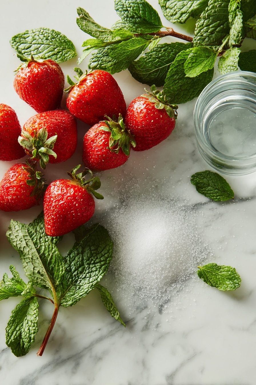Strawberry Mint Sorbet, refreshing fruit sorbet, summer dessert recipes, easy homemade sorbet, healthy frozen treats - Flat lay of ripe red strawberries with green leafy tops, fresh bright green mint sprigs and loose mint leaves scattered among them, a small pile of granulated white sugar sparkling under soft light, and a clear glass of fresh water beside the fruits, all arranged beautifully on a white marble surface, photo taken with an iphone --ar 2:3 --v 7
