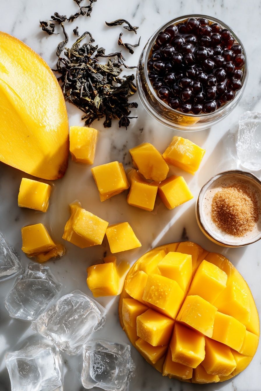 Mango Bubble Tea, homemade bubble tea, fruity bubble tea, tapioca pearl drink, how to make bubble tea at home - Flat lay of ripe mangoes cut into bright yellow cubes, glossy black cooked tapioca pearls glistening with brown sugar syrup, loose green tea leaves scattered nearby, a small pile of brown sugar crystals, a splash of creamy plant-based milk in a glass pour, and a few ice cubes sparkling clear, all beautifully arranged with vibrant colors and textures, placed on a white marble surface, photo taken with an iphone --ar 2:3 --v 7