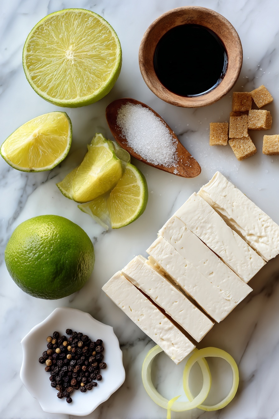 Sautéed Lime Tofu, lime tofu stir-fry, quick vegetarian dinner, tangy tofu recipe, plant-based tofu dishes - Flat lay of firm tofu strips, fresh whole lime and lime wedges, glossy yellow onion slices, small piles of brown sugar crystals, a small dish of dark soy sauce, and a scattering of black peppercorns beautifully arranged on a white marble surface, photo taken with an iphone --ar 2:3 --v 7
