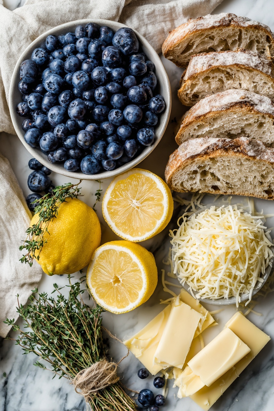 Blueberry White Cheddar Grilled Cheese, blueberry grilled cheese, cheesy sandwich with blueberry jam, gourmet grilled cheese recipes, sweet savory grilled cheese - Flat lay of fresh blueberries spilling gently from a small cluster, vibrant lemon halves with visible juice droplets, bright green lemon thyme sprigs tied with twine, rustic slices of sourdough bread showcasing their thick crust and airy crumb, shredded white cheddar cheese and shredded mozzarella cheese piles side by side displaying creamy textures, and a few pats of pale yellow butter arranged neatly, all placed on a white marble surface, photo taken with an iphone --ar 2:3 --v 7