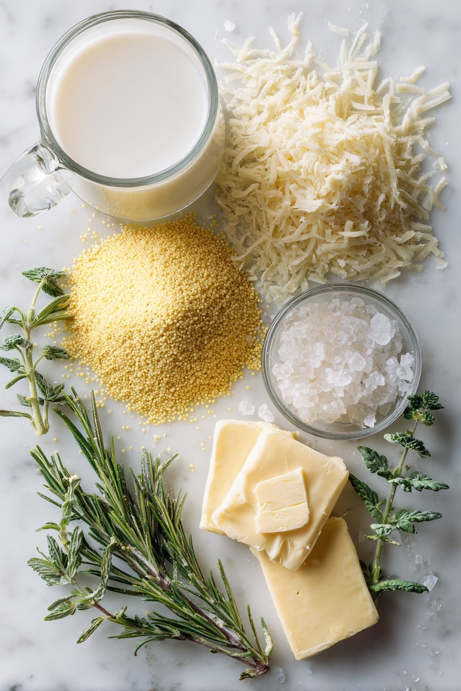 Creamy Parmesan Polenta with Rosemary, Polenta with Parmesan and Rosemary, Creamy polenta side dish, comforting vegetable side, easy savory polenta - Flat lay of coarse yellow cornmeal in a small mound, a generous pile of grated Parmesan cheese with some shavings scattered around, a few pats of creamy butter, fresh green rosemary sprigs with delicate leaves, a glass of white milk with a soft reflection, and crystal-like kosher salt flakes arranged carefully, all placed on a white marble surface, photo taken with an iphone --ar 2:3 --v 7