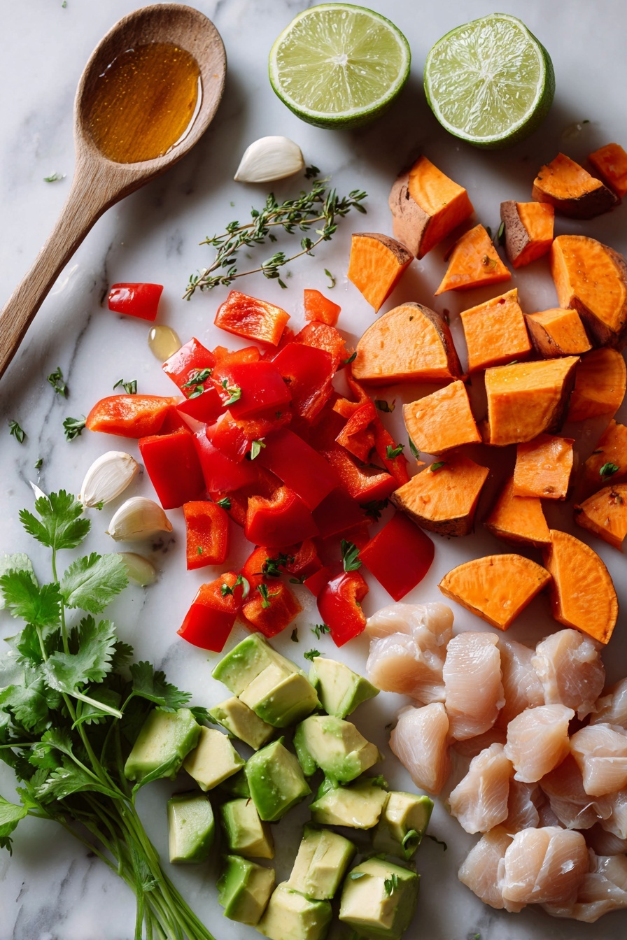 Grilled Chili Lime Honey Chicken, grilled chili lime honey chicken with roasted sweet potatoes and avocado salsa, flavorful grilled chicken recipes, quick healthy chicken meals, easy summer chicken recipes - Flat lay of bright orange sweet potato wedges, vibrant red bell pepper chunks, fresh green avocado cubes, a whole jalapeño pepper, fresh lime halves, sprigs of green cilantro and oregano, garlic cloves, and glistening honey drizzled on a small wooden spoon, all beautifully arranged with pieces of raw chicken breast chunks scattered artfully, placed on a white marble surface, photo taken with an iphone --ar 2:3 --v 7