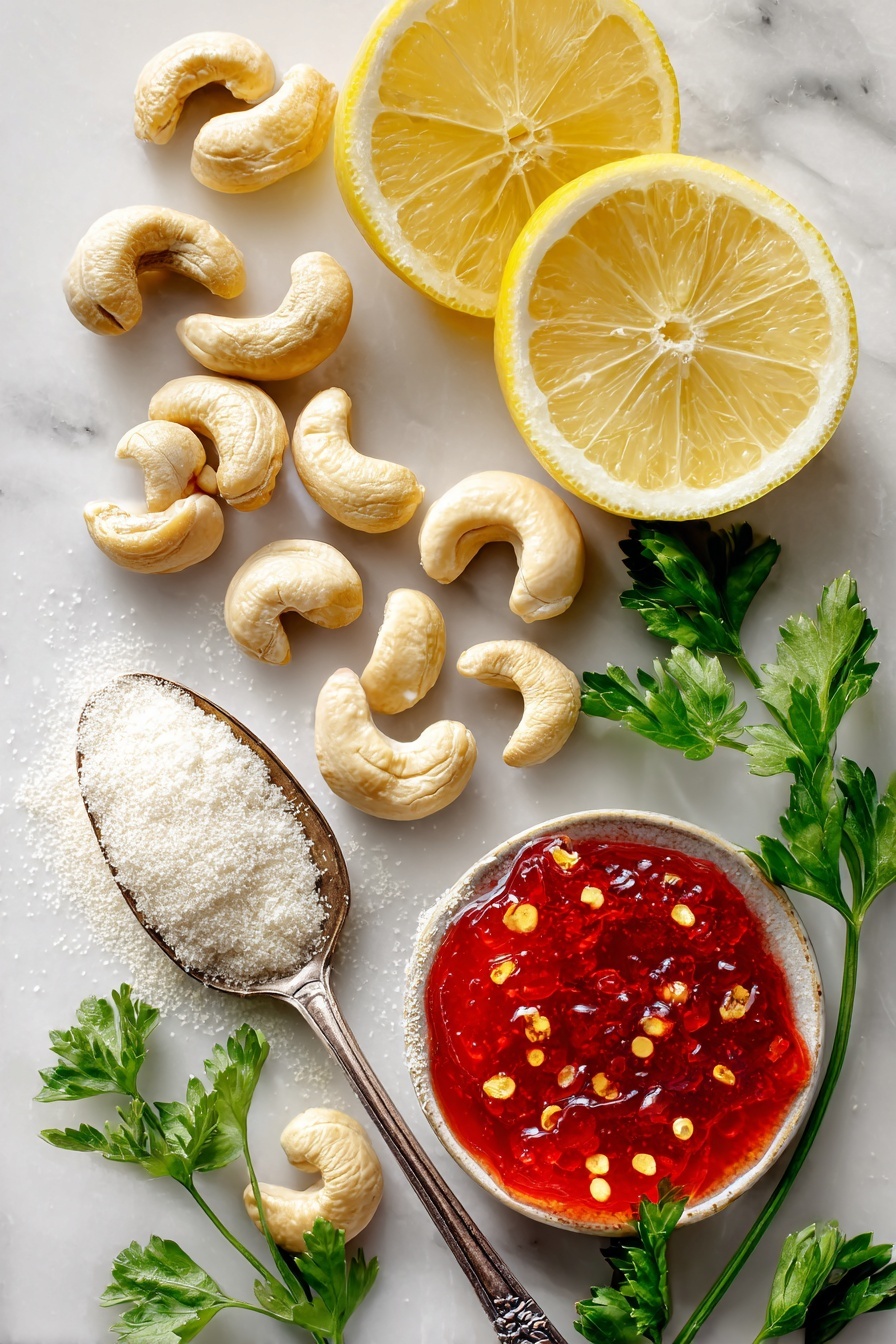 Vegan Brie Dip with Pepper Jelly, vegan cheese dip, plant-based party dip, vegan appetizer ideas, dairy-free cheese dip - Flat lay of raw cashews, fresh lemon halves with bright yellow flesh, a small mound of white miso paste, translucent tapioca starch powder, a spoonful of vivid red pepper jelly glistening with visible chili flakes, and sprigs of fresh green parsley, all beautifully arranged with vibrant colors and textures, placed on a white marble surface, photo taken with an iphone --ar 2:3 --v 7