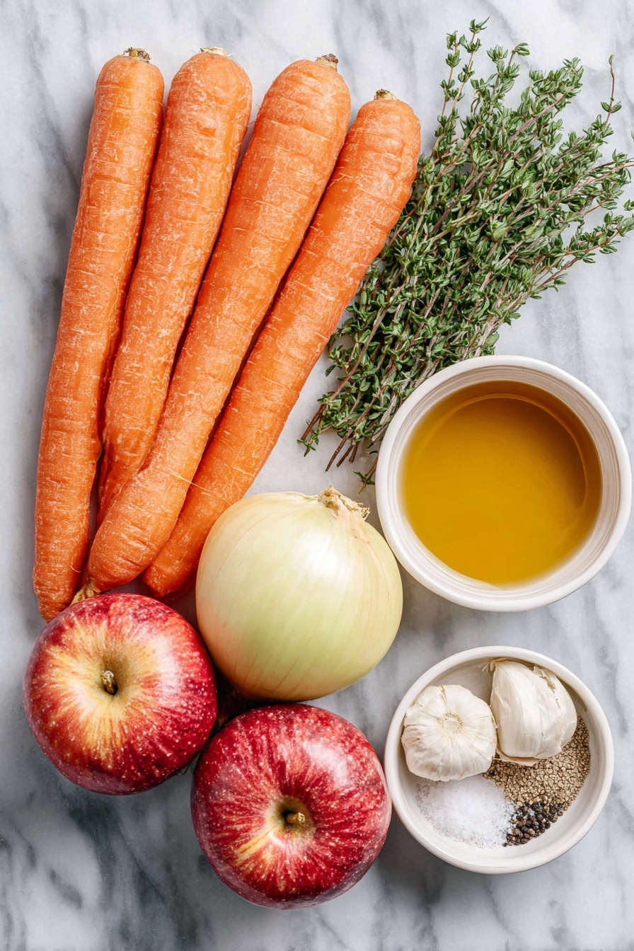 Maple Dijon Roasted Carrots and Apples, roasted carrot and apple side dish, easy fall vegetable recipes, healthy roasted vegetable ideas, sweet and savory roasted vegetables - Flat lay of fresh whole large orange carrots with leafy green tops removed, three large rosy red and yellow apples, a medium yellow onion with papery skin, five whole uncracked garlic cloves, a few sprigs of fresh green thyme, small white ceramic bowls each containing golden olive oil, amber maple syrup, coarse whole grain Dijon mustard, fine sea salt crystals, and whole black peppercorns, all arranged symmetrically and balanced, placed on a clean white marble surface, soft natural light, photo taken with an iPhone, professional food photography style, fresh ingredients, white ceramic bowls, no bottles, no duplicates, no utensils, no packaging --ar 2:3 --v 7 --p awthu7i m7354615311229779997