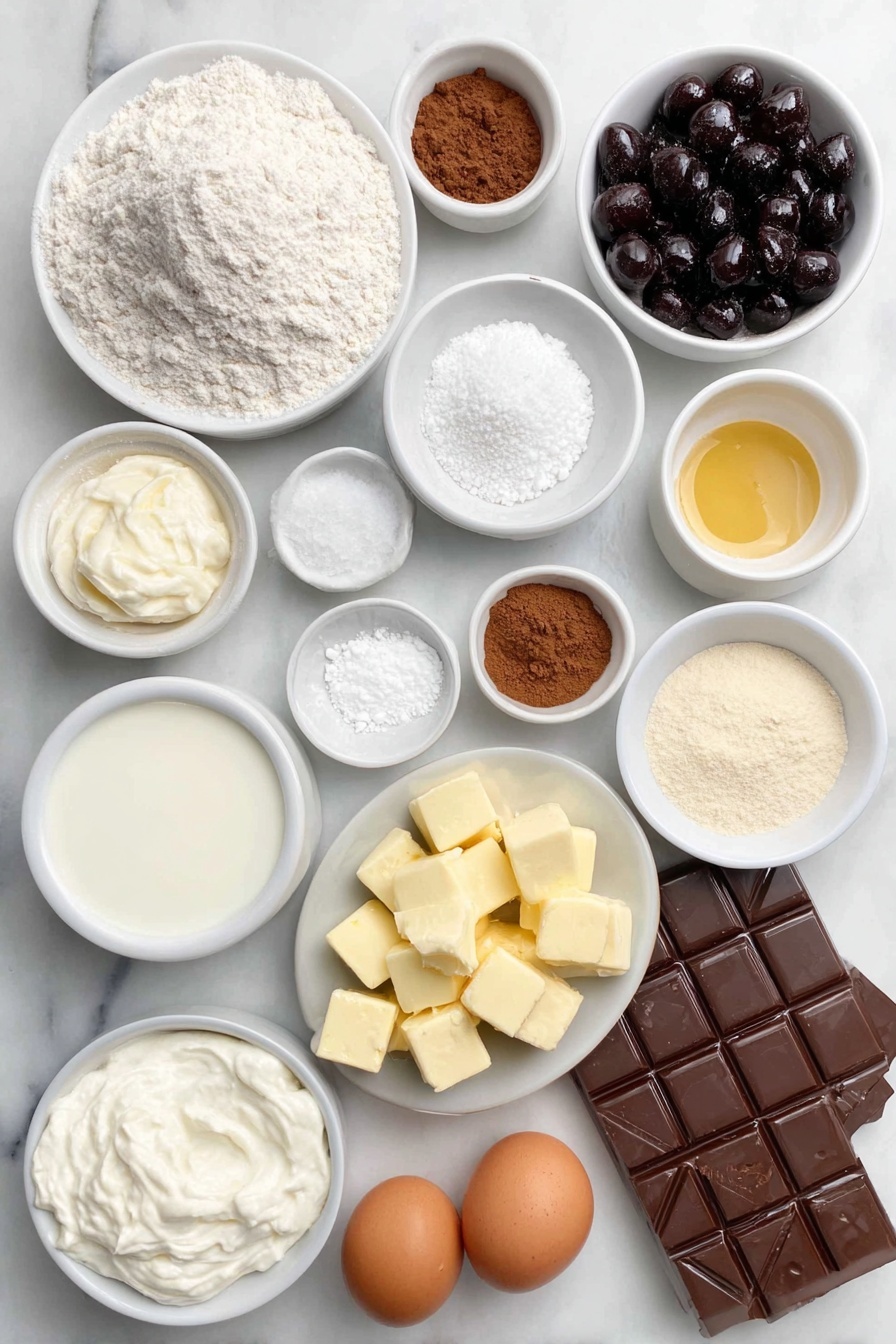 Chocolate Cherry Black Forest Pie, Black Forest Pie with Cherries, Chocolate Cherry Dessert, Cherry Pie with Mascarpone, Easy Black Forest Pie - Flat lay of a small mound of all purpose flour, a small bowl of cocoa powder, a few grains of coarse sea salt scattered beside a small pile of granulated sugar, frozen cubes of unsalted butter, a small white bowl holding cold sour cream, a small white bowl with pure vanilla extract, a small white bowl of cold water, a heaping mound of frozen tart cherries, a small white bowl of cornstarch, a small pinch of ground cinnamon next to a tiny pile of coarse demerara sugar, a small white bowl containing cherry liquor, a small white bowl with almond extract, a small white bowl of heavy whipping cream, a small white bowl with granulated sugar, a small white bowl with mascarpone cheese, two whole uncracked brown eggs, and a bar of dark chocolate partly shaved, all arranged with perfect symmetry on simple white ceramic bowls and plates, placed on a clean white marble surface, soft natural light, photo taken with an iPhone, professional food photography style, fresh ingredients, white ceramic bowls, no bottles, no duplicates, no utensils, no packaging --ar 2:3 --v 7 --p awthu7i m7354615311229779997