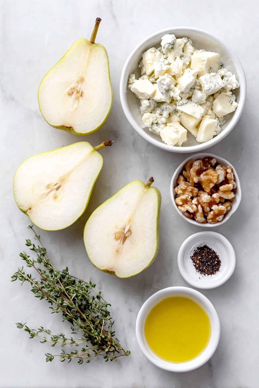 Blue Cheese Stuffed Pears, stuffed pears appetizer, elegant pear appetizer, blue cheese and pear recipes, easy party appetizers - Flat lay of three large Bosc pears halved with cores removed, a small white bowl filled with crumbled Danish blue cheese, a small white bowl of chopped walnuts, three fresh thyme sprigs, a small white bowl of golden honey, a small white bowl of olive oil, a small white bowl with Aleppo pepper, and a few loose fresh thyme leaves arranged symmetrically on a clean white marble surface, soft natural light, photo taken with an iPhone, professional food photography style, fresh ingredients, white ceramic bowls, no bottles, no duplicates, no utensils, no packaging --ar 2:3 --v 7 --p awthu7i m7354615311229779997