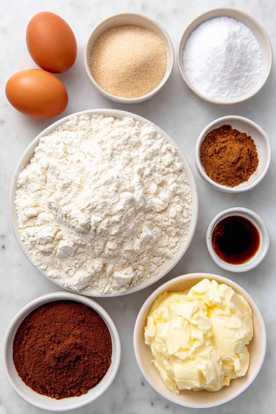 Gingerbread Cake with Butterscotch Sauce, Gingerbread Cake recipe, Warm spiced gingerbread cake, Moist gingerbread dessert, Homemade butterscotch sauce - Flat lay of a small mound of all-purpose flour, two teaspoons of ground ginger in a small white bowl, a small white bowl with cinnamon powder, another with nutmeg powder, a tiny white bowl containing ground cloves, a small white bowl with baking soda, a pinch of salt in a tiny white bowl, a small white bowl holding melted unsalted butter, a small white bowl filled with light brown sugar, a small white bowl with dark molasses, a small white bowl of hot water, two whole uncracked brown eggs, a small white bowl with vanilla extract, placed on a clean white marble surface, soft natural light, photo taken with an iPhone, professional food photography style, fresh ingredients, white ceramic bowls, no bottles, no duplicates, no utensils, no packaging --ar 2:3 --v 7 --p awthu7i m7354615311229779997