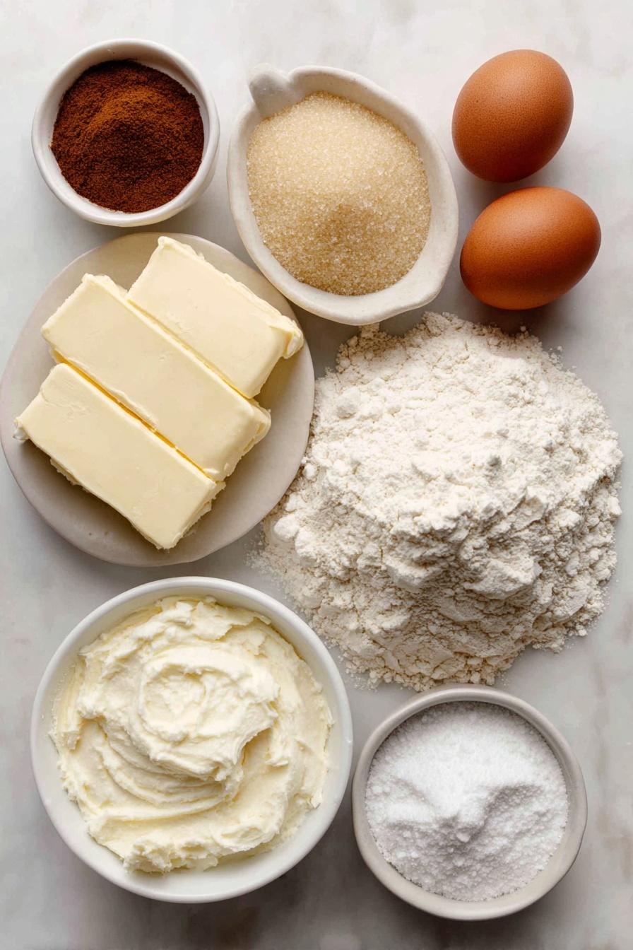 Brown Sugar Pop Tart Cookies, easy pop tart cookies, cinnamon glaze cookies, homemade sweet cookies, brown sugar dessert treats - Flat lay of a small mound of all-purpose flour, a small pile of cornstarch powder, a small heap of granulated sugar, a small mound of packed light brown sugar, two sticks of unsalted butter with a natural creamy texture, one large uncracked brown egg, a few sprigs of vanilla beans, a small white ceramic bowl filled with smooth sour cream, a small white ceramic bowl containing ground cinnamon, and a small white ceramic bowl with powdered sugar, placed on a clean white marble surface, soft natural light, photo taken with an iPhone, professional food photography style, fresh ingredients, white ceramic bowls, no bottles, no duplicates, no utensils, no packaging --ar 2:3 --v 7 --p awthu7i m7354615311229779997