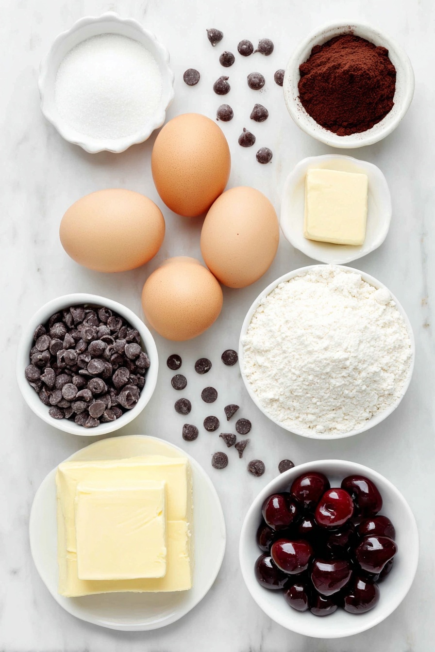 Chocolate Cherry Cheesecake Cookies, chocolate cherry cookie recipe, cheesecake cookies with cherry topping, chocolate cherry dessert cookies, easy chocolate cherry cookies - Flat lay of a small block of salted butter, two whole brown eggs with clean shells, a few heaped tablespoons of white granulated sugar and light brown sugar placed side by side, a small white bowl filled with dark cocoa powder, another small white bowl containing fine instant chocolate pudding mix powder, a neat pile of all-purpose flour, a small white bowl of creamy softened cream cheese, a small cube of softened butter, a small white bowl filled with powdered sugar, a small white bowl holding glossy whole cherries in thick pie filling syrup, and a scattering of mini chocolate chips arranged symmetrically, all on simple white ceramic bowls and plates, placed on a clean white marble surface, soft natural light, photo taken with an iPhone, professional food photography style, fresh ingredients, white ceramic bowls, no bottles, no duplicates, no utensils, no packaging --ar 2:3 --v 7 --p awthu7i m7354615311229779997