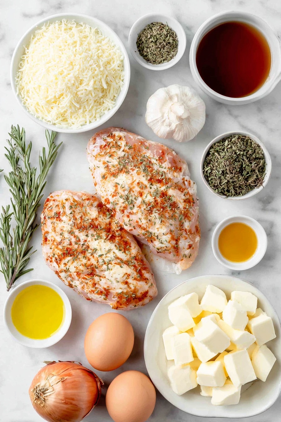 French Onion Chicken Bake, French Onion Soup Chicken, Baked Chicken with Caramelized Onions, Easy French Onion Chicken, Comforting Chicken Bake - Flat lay of two large boneless skinless chicken breasts seasoned with Italian herbs and garlic powder, a small mound of flour mixed with shredded Parmesan cheese, three whole yellow onions sliced in half to show their layers, three whole uncracked brown eggs, three cloves of fresh garlic with papery skins intact, a small pinch bowl of dried rosemary, a small pinch bowl of dried thyme, a small pinch bowl of ground sage, a small white bowl of golden olive oil, a small white bowl of unsalted butter cubes, a small white bowl of low sodium soy sauce, a small white bowl of dry white wine, a small white bowl of chicken broth, a small white bowl of beef broth, a whole beef bouillon cube, and a pile of fresh mozzarella cheese slices—all arranged in perfect symmetry on simple white ceramic bowls and plates placed on a clean white marble surface, soft natural light, photo taken with an iPhone, professional food photography style, fresh ingredients, white ceramic bowls, no bottles, no duplicates, no utensils, no packaging --ar 2:3 --v 7 --p awthu7i m7354615311229779997